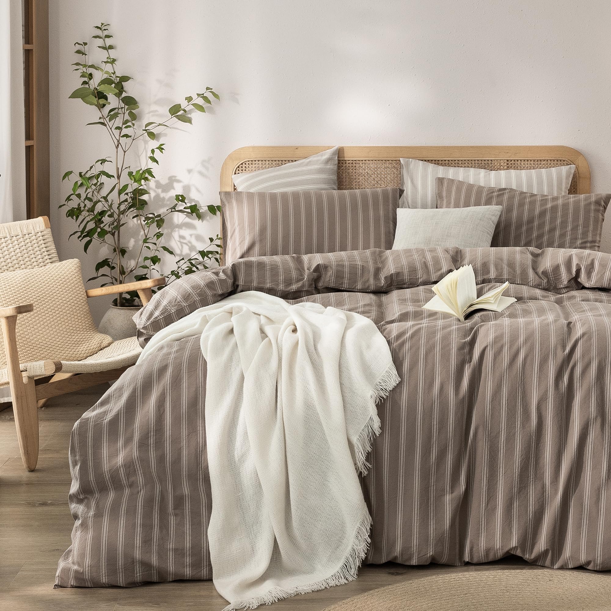 BESTOUCH Striped Cotton Duvet Cover Set Linen Feel Twin
