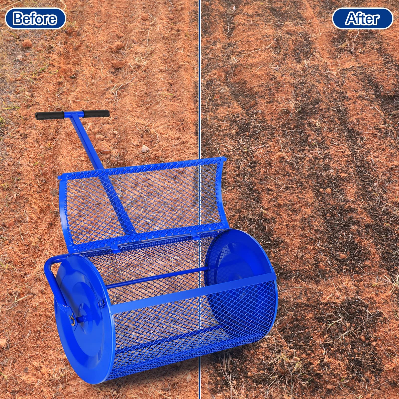 Spandiconcime per prato/giardino, spandiconcime per torba e compost, rullo per topdressing con cestello in rete metallica da 24" con maniglia a forma di T di aggiornamento per topdressing, compost,