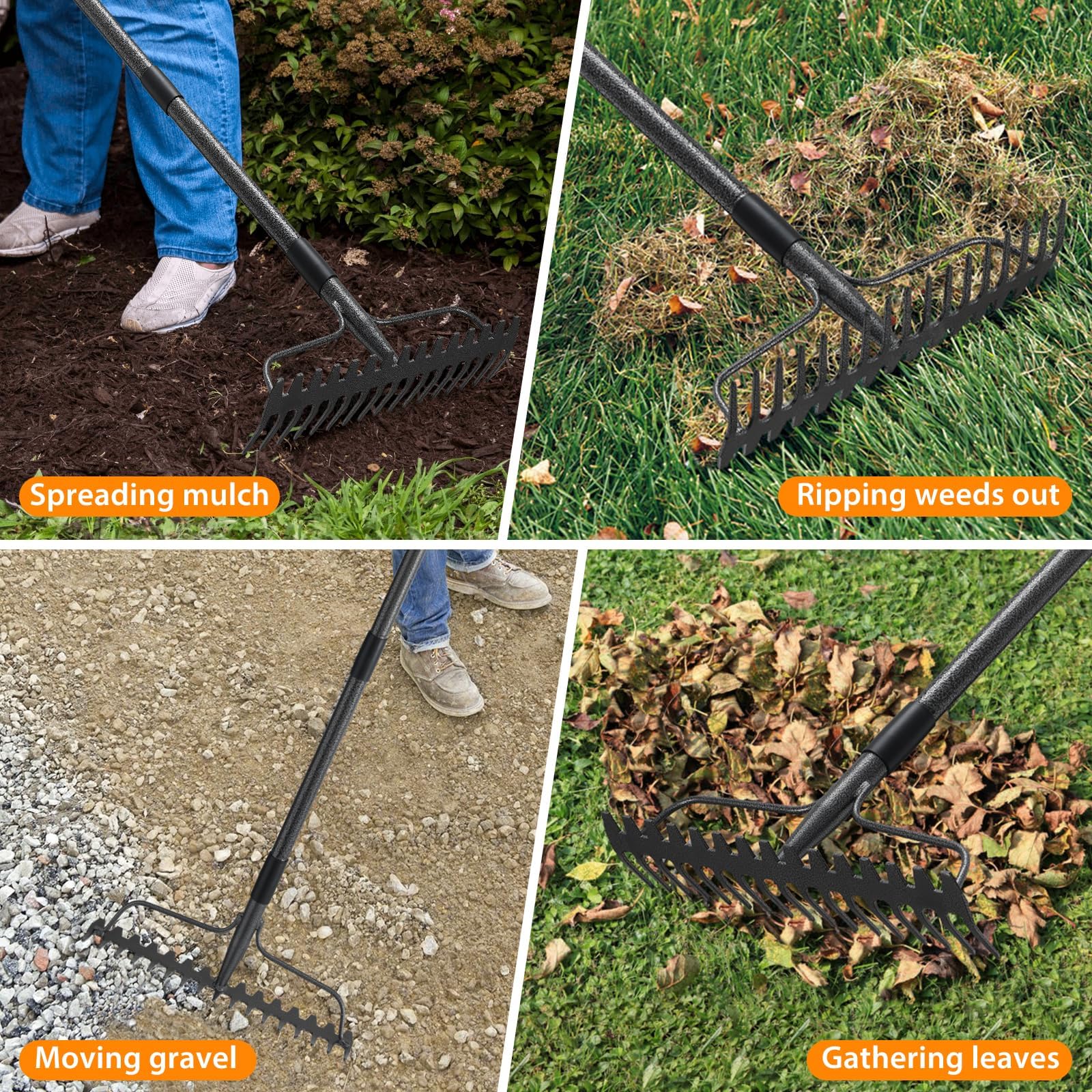 Rastrello robusto per giardino, giardino: rastrello da 190 cm con 17 pinze, allentando il livellamento del terreno e le foglie d'erba