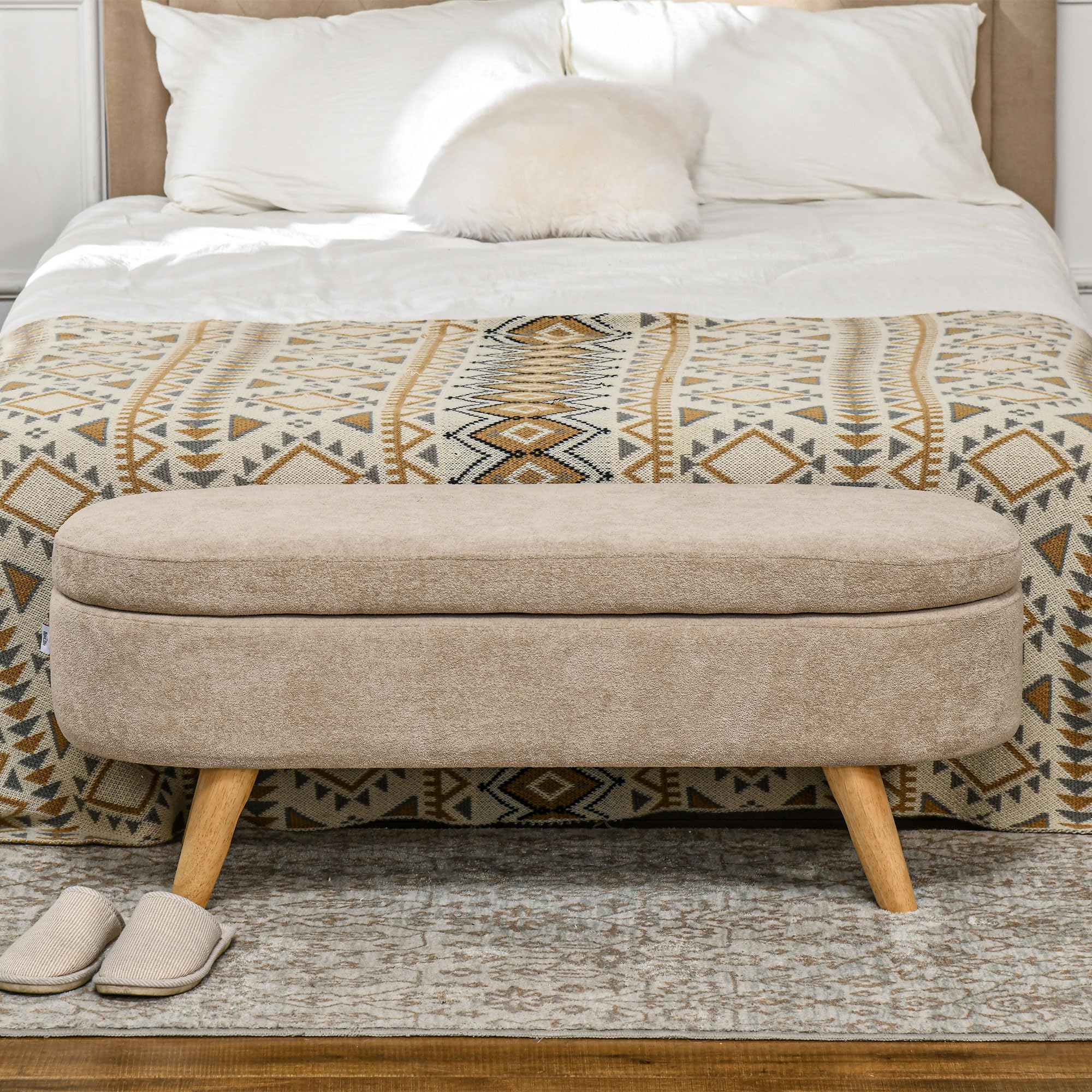 HOMCOM Panca Contenitore Camera da Letto con Spazio Portaoggetti a Scomparsa, Panca Imbottita con Gambe in Legno e Poliestere per Ingresso e Soggiorno, 110x40x43 cm, Beige