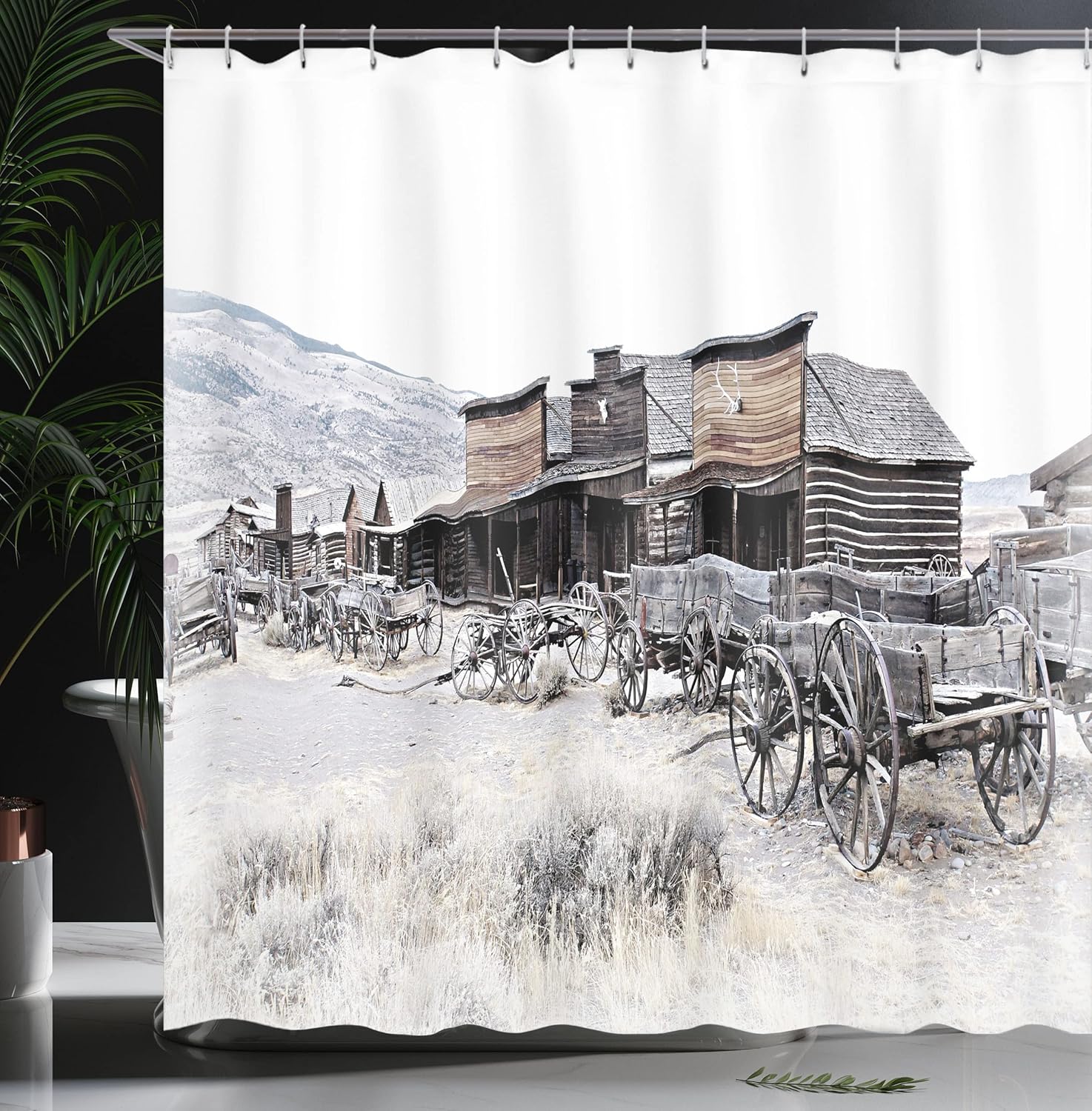 Ambesonne Western Shower Curtain, Old Wooden Wagons from 20's in Ghost Town Antique Wyoming Wheels Art Print, Cloth Fabric Bathroom Decor Set with Hooks, 69" W x 75" L, Brown White