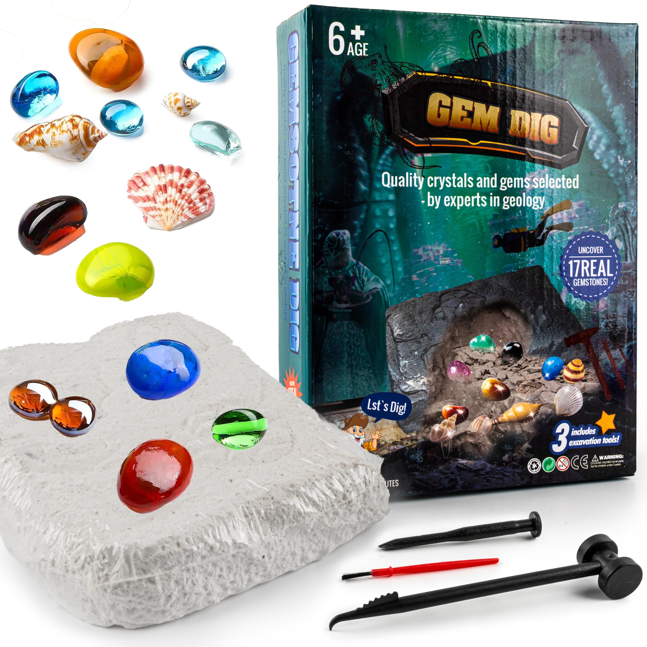 BambiboGemstone Dig Kit for Kids - Real Crystal Digging Set | Archaeologist Kit for Gemstones and Crystals | Ages 8-12