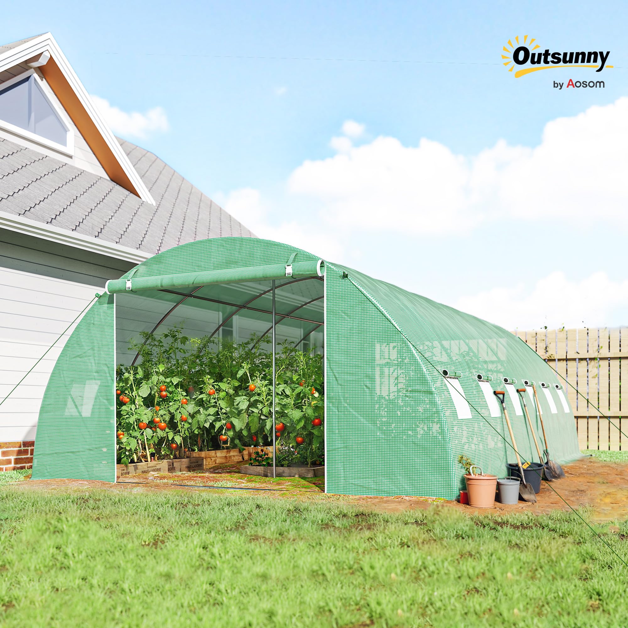 Outsunny Serre Tunnel de Jardin 24m² 395x595x199cm, Acier Galvanisé Ø25mm et Structure Renforcée - Serre Maraîchère en Bâche PE 140g/m², 12 Fenêtres & 2 Portes, Idéale Potager & Hivernage, Vert