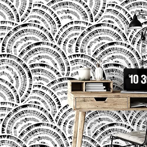 Miniatura 3 de Papel tapiz geométrico negro para despegar y pegar, papel tapiz blanco y negro, papel tapiz circular de 17.3 x 393.7 pulgadas, papel tapiz extraíble