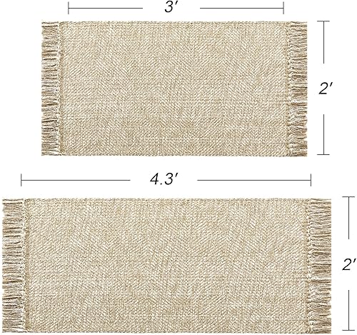 Miniatura 9 de MitoVilla Alfombra bohemia de baño de 2 x 4.3 pies, alfombra tejida de algodón blanco hueso para sala de estar, alfombras de cocina lavables