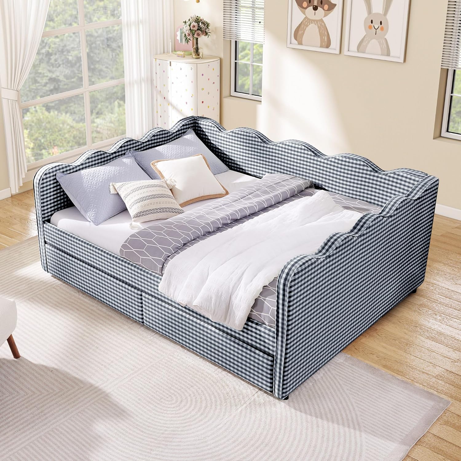 Queen Size Daybed with Storage Drawers, Linen Gingham Daybed with USB Ports & Wave Shaped, Upholstered Day Bed Frame, Modern Sofa Bed for Living Room/Bedroom/Guest Room, No Box Spring Needed, Navy