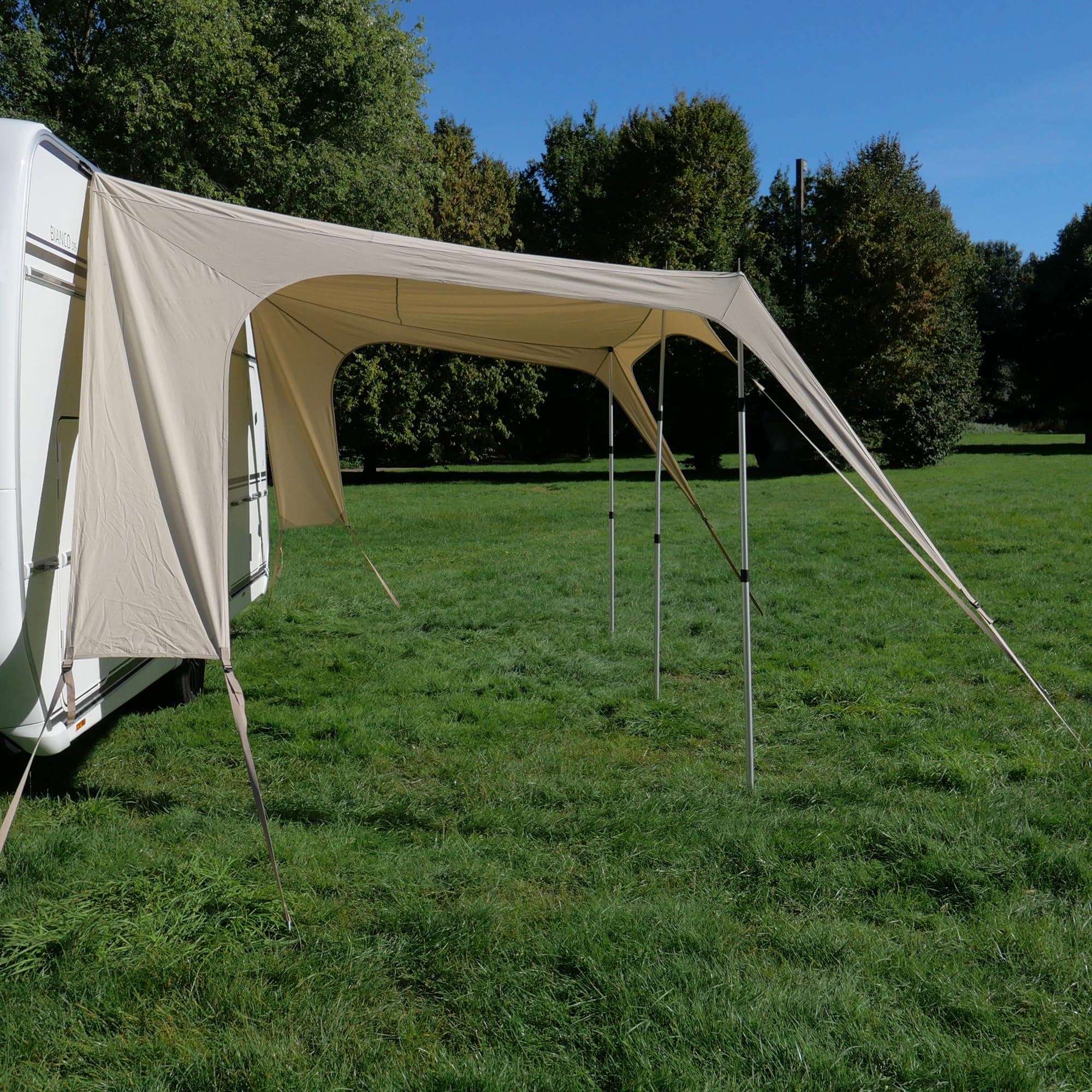 your GEAR Scilla TC Caravan Tarp 400 x 250 cm - Sonnensegel für Wohnwagen oder Wohnmobil aus Baumwolle, wasserdichtes Sonnendach mit Alu Aufstellstangen, UV 50+ Sonnenschutz, 7 & 5 mm Keder