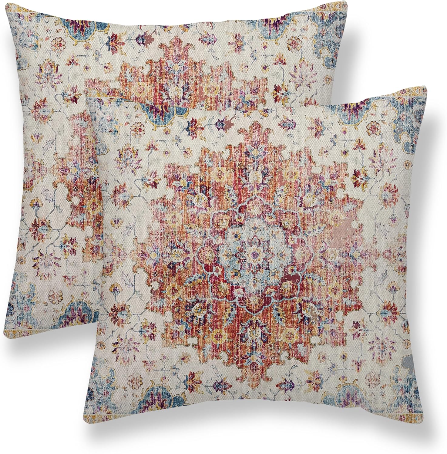 Boho Pillow Covers 24x24 Set of 2, Blue Orange Bohemian Carpet Pattern Outdoor Decorative Throw Pillows Linen Ethnic Design Vintage Farmhouse Cushion Cases for Couch Sofa Decor 24" x 24" (Pack of 2) Blue Orange Boho