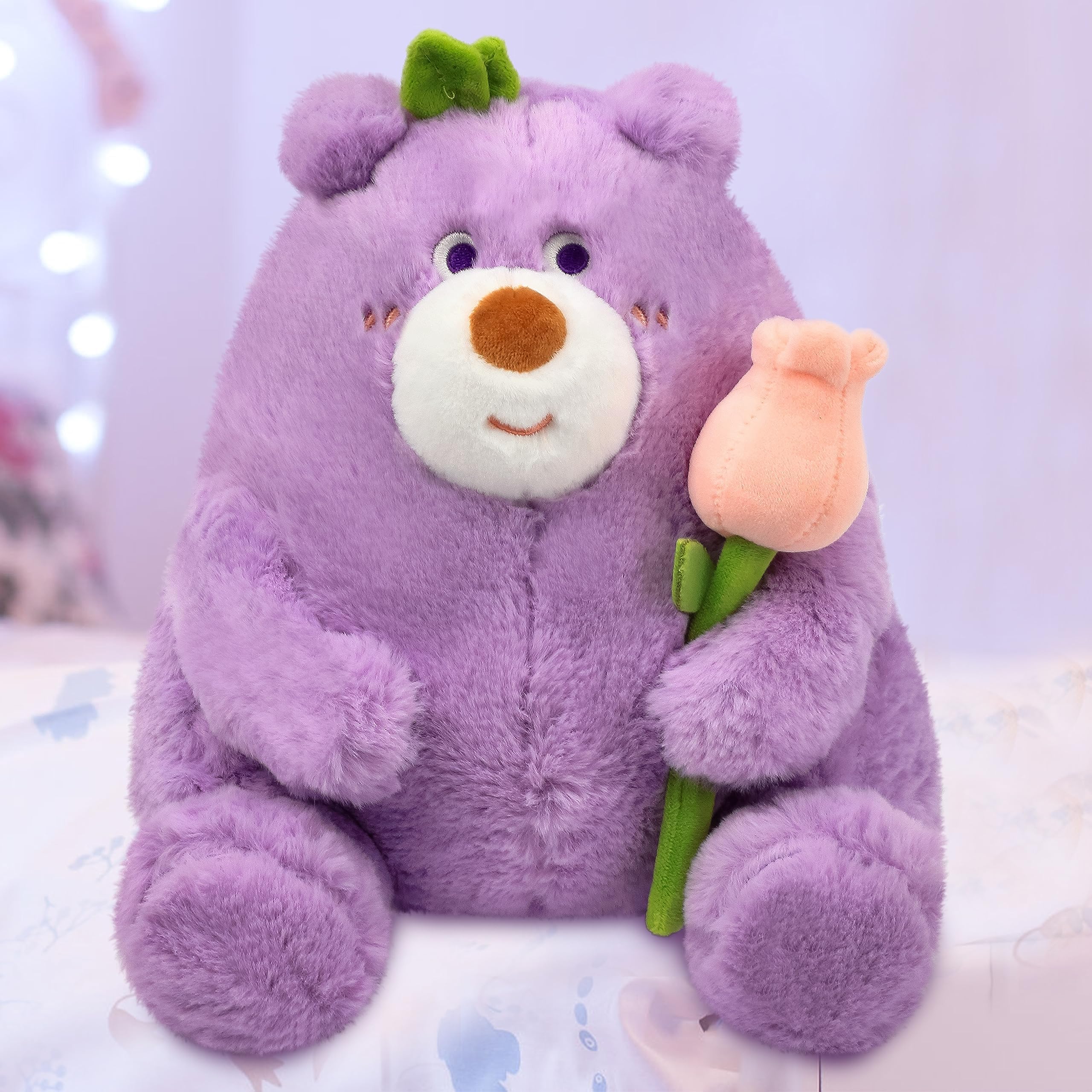 Excefore Teddy Bear Stuffed Animal with Tulips Adorable Cute Soft Purple Bear Plush Toy for Lover Valentine's Day Gift Girlfriend Kids Wedding Decoration 25cm