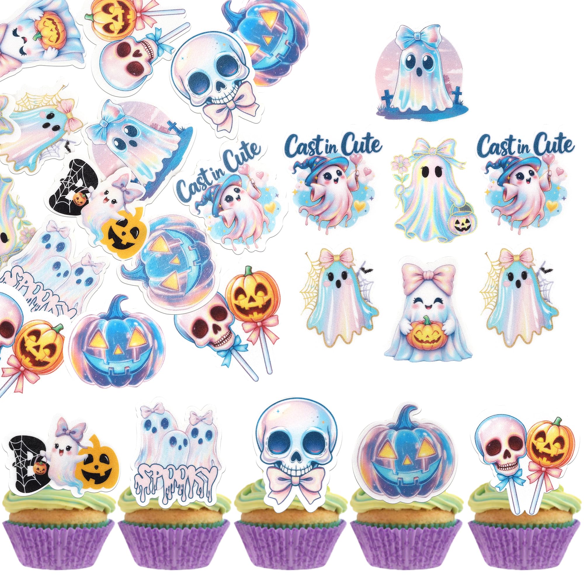 60 Pack Edible Halloween Spooky Cupcake Toppers Wafer Paper Skull Spider Web Pumpkin Cupcake Picks Edible Ghost Boo Cake Decorations for Baby Shower Birthday Halloween Party Food Decorations Supplies
