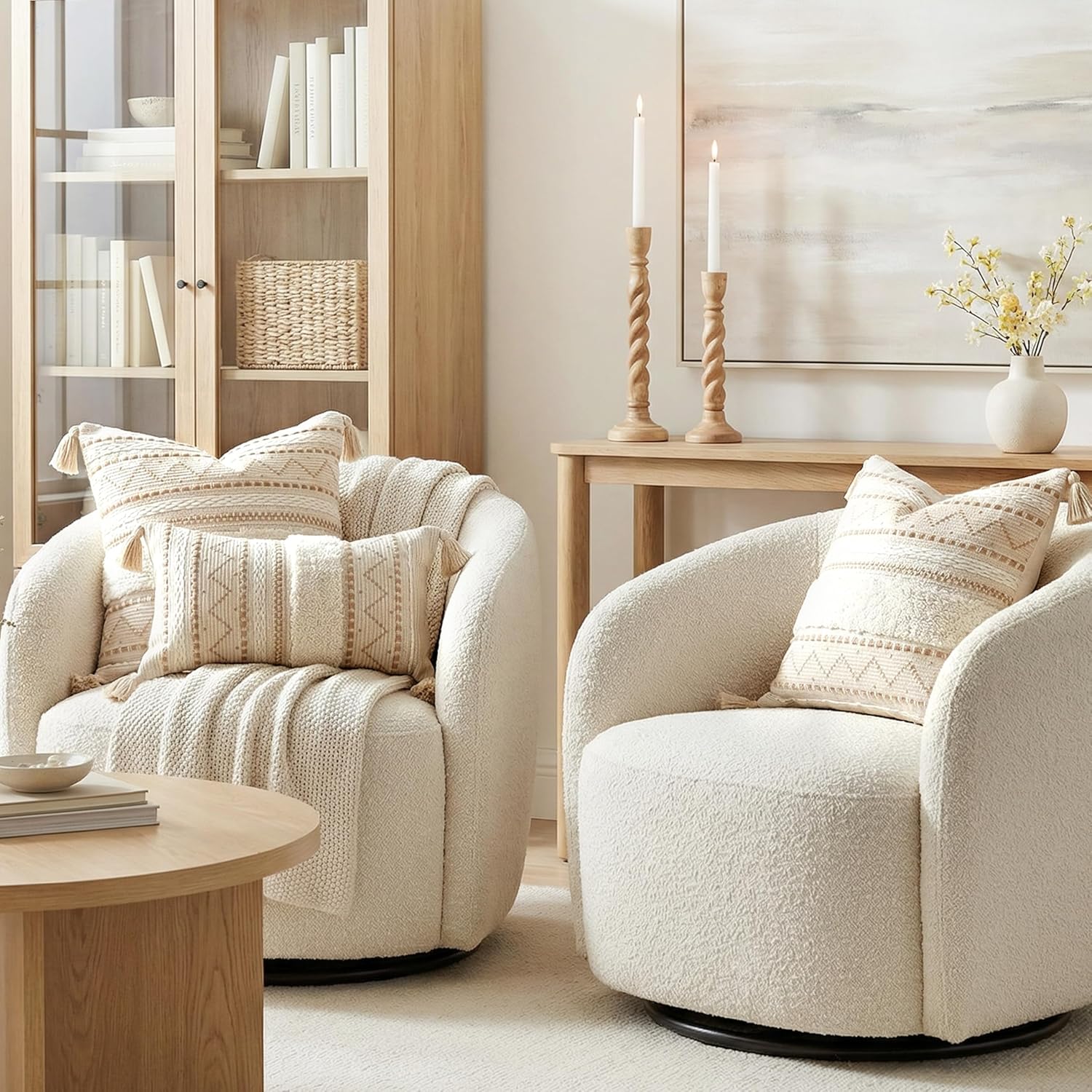 BlissBlush 18X18 Throw Pillow Cover, Cream Neutral Square Decorative Cushion Cover, Boho Accent Pillowcase with Tufted Details and Tassels for Couch Sofa Living Room(Cover Only) - Image 8