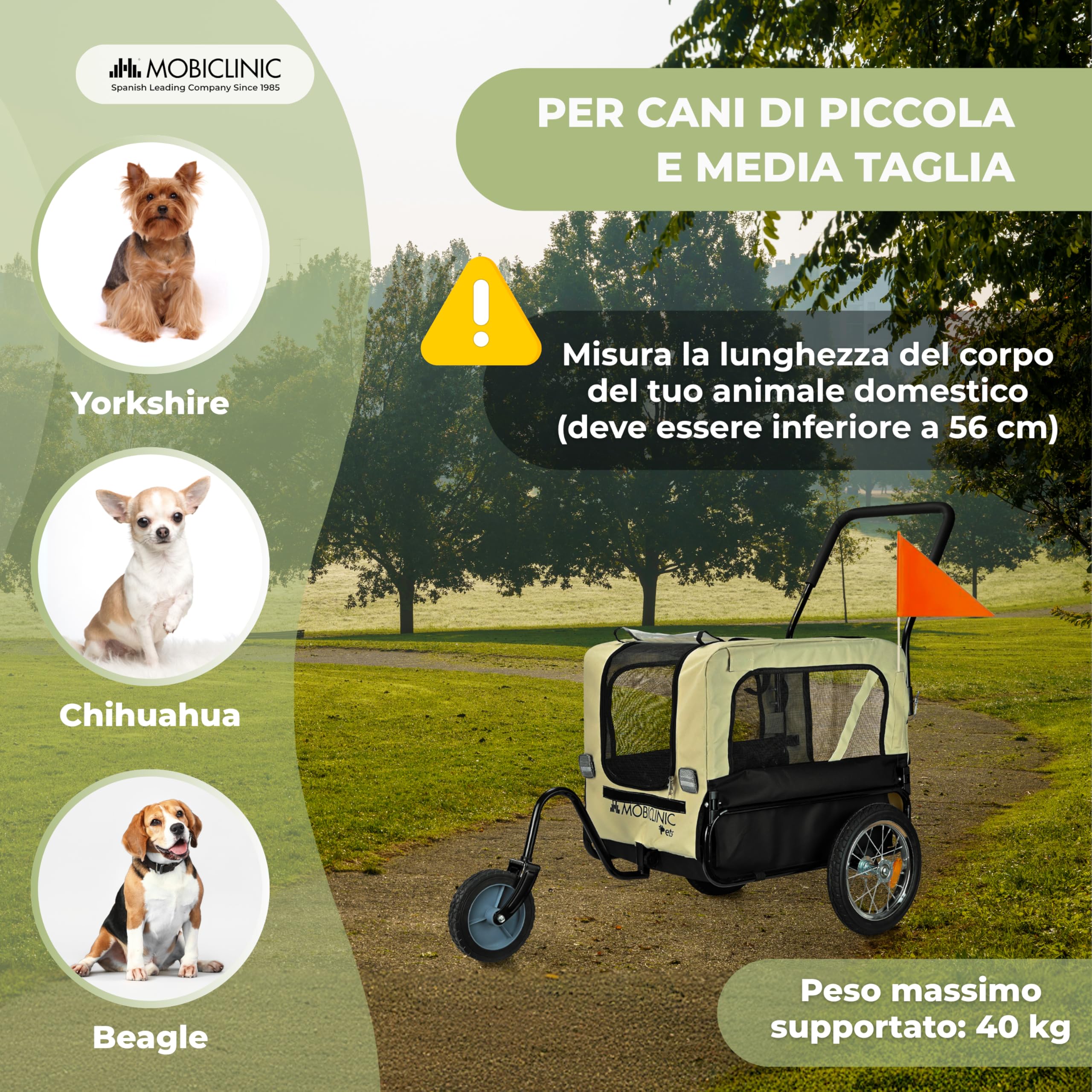 Mobiclinic®, Rimorchio Bici per Cane + Carrello di Trasporto, 2 in 1, Fino a 40 kg, Copertura Impermeabile, 123x67x100 cm, Bandiera e Catarifrangenti, Oxford 600D, per Cani Piccoli e Medi