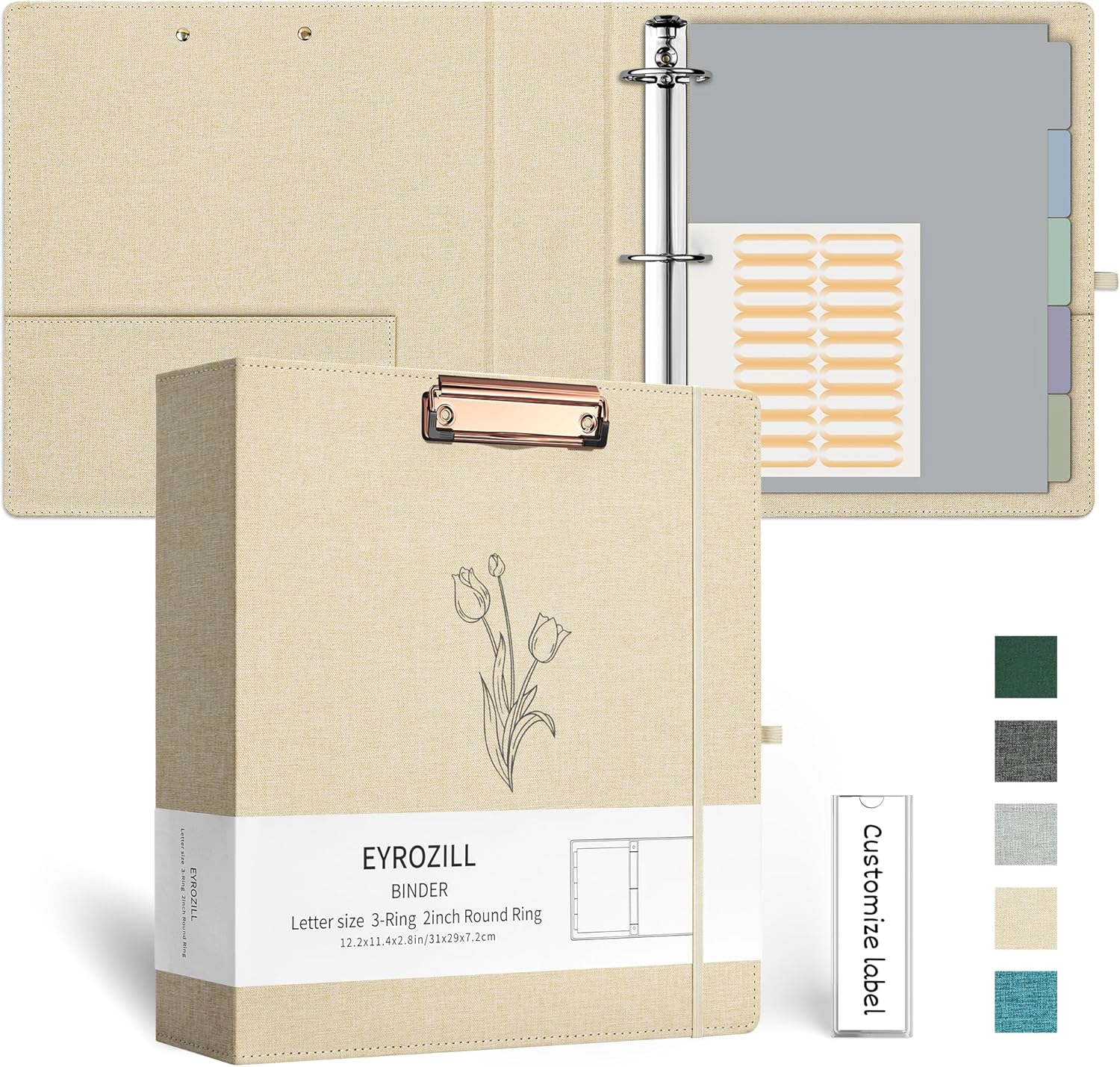 EYROZILL 3 Ring Binder 2 Inch, Binder for Letter Size (11" x 8.5") with 5 Tab Dividers, File Folder Labels and Low Profile Clipboards, Tulip White