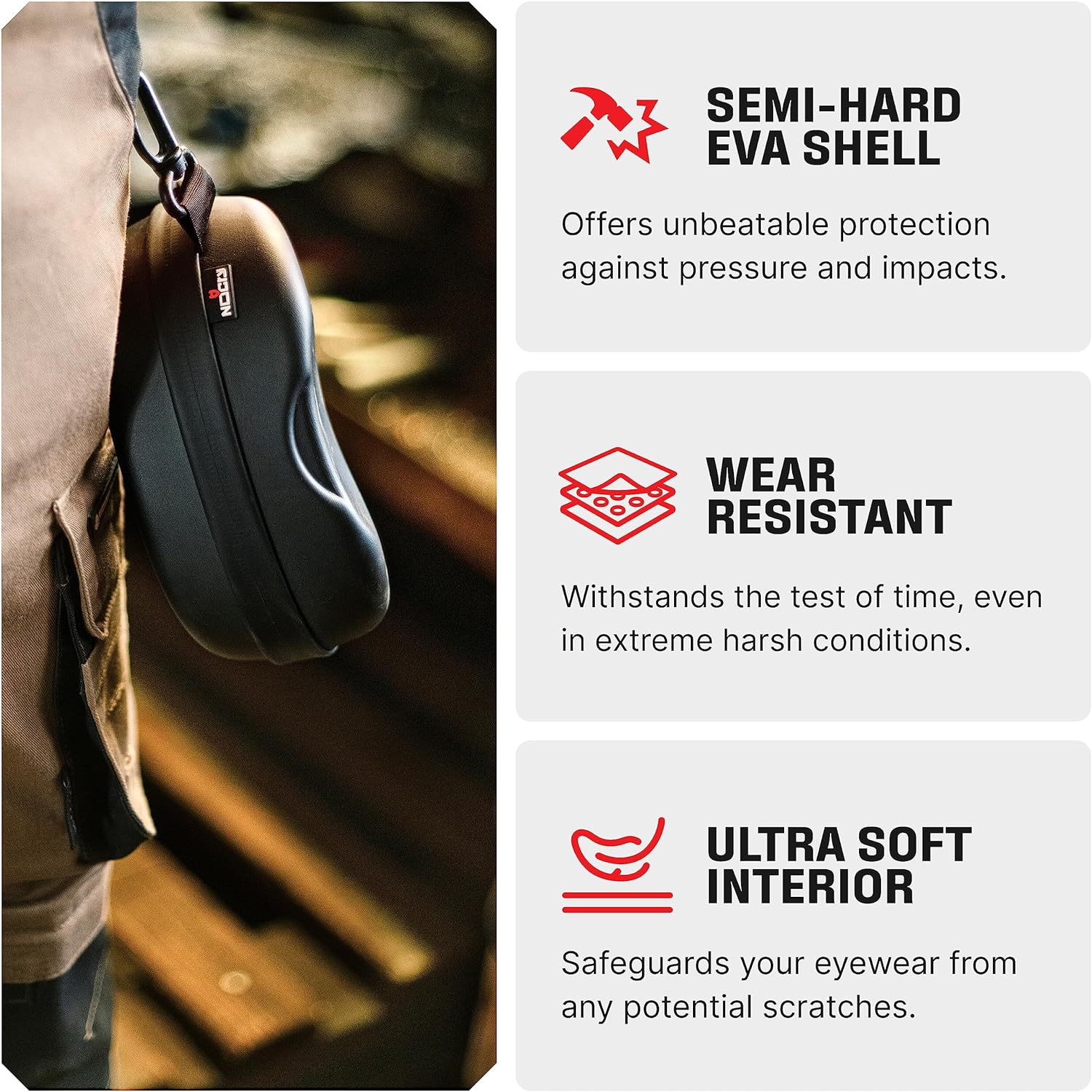 NoCry Water Resistant Safety Glasses Case with Clip - Heavy Duty Semi Hard Large Sunglasses Holder for Men and Women with Cleaning Cloth - Image 5