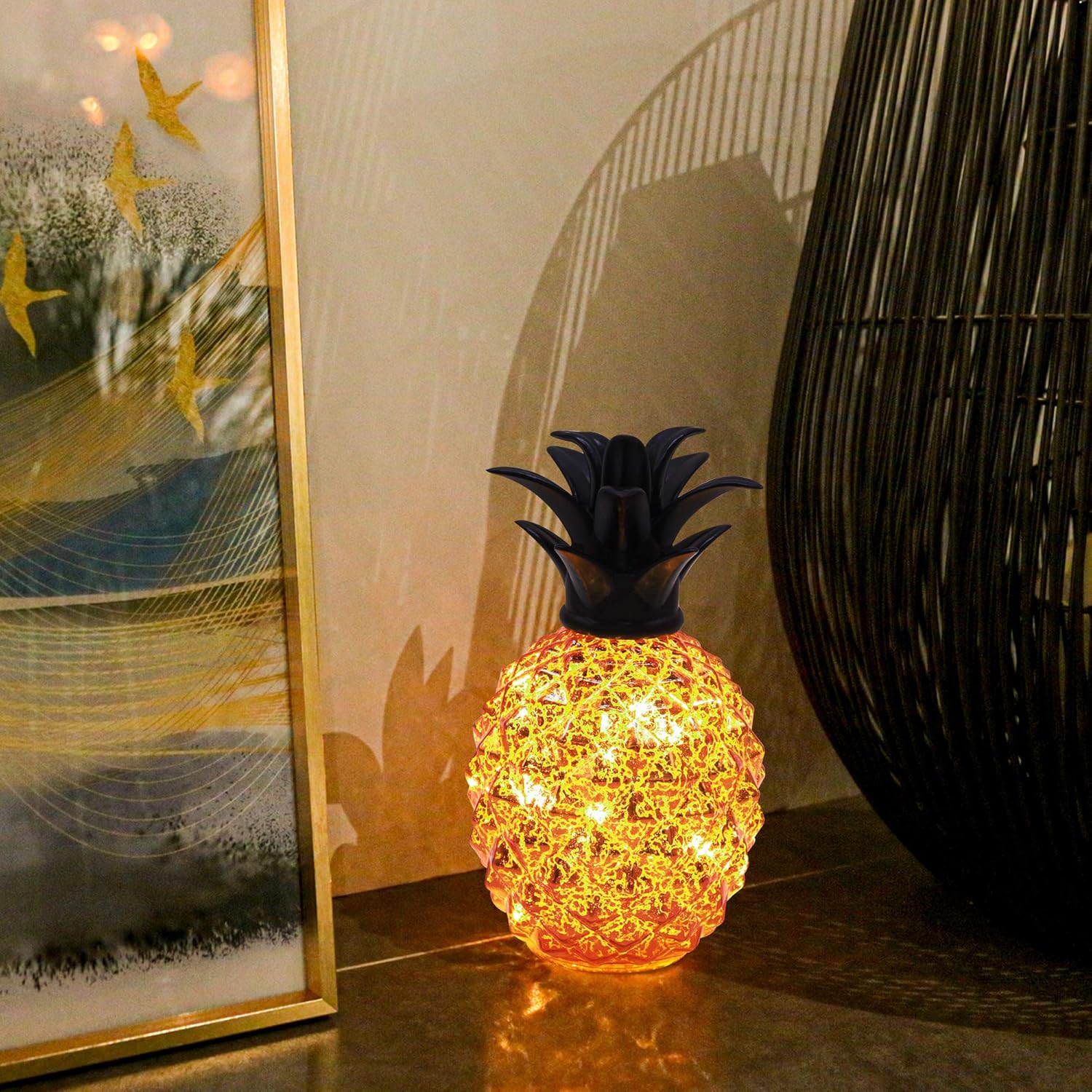 Romingo Mercury Glass Pineapple Lamp 9 Inch Batteries Operated Night Light with Timer for Living Bed Room, Women's Gift for Wife Girl Friend, Orange