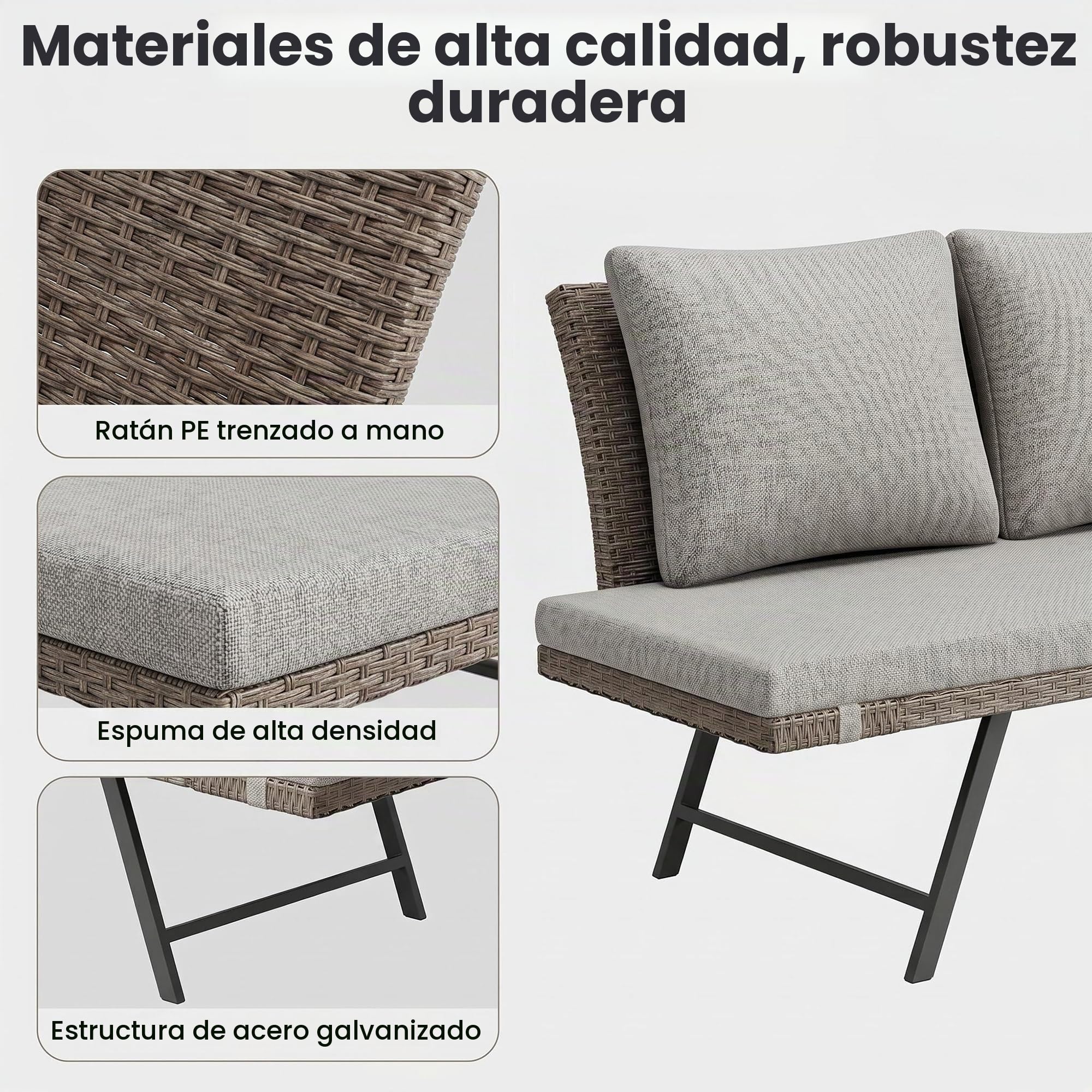 Fiutazge Sofá de Jardín de Rattan,2 Plazas con Reposabrazos Regulables,Convertible en Cama de Día,Sofa Terraza Exterior con Cojines Gruesos para Balcón,Terraza y Porche,Beige