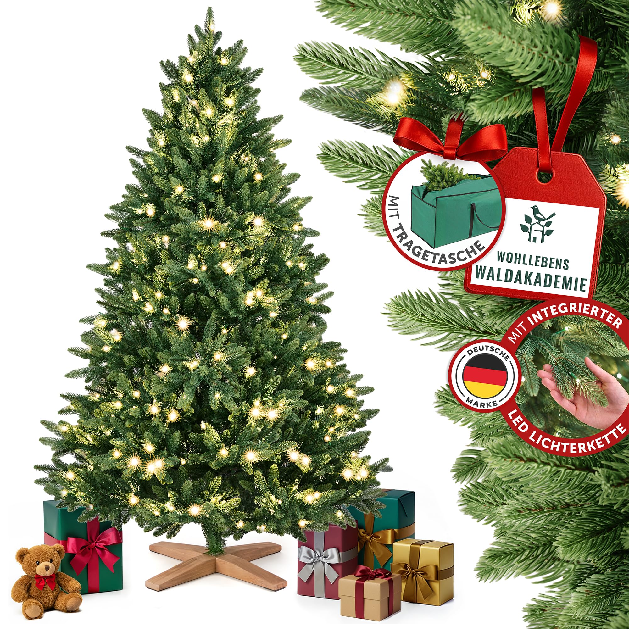 MerryTree Luxus künstlicher Weihnachtsbaum 120 cm - Weihnachtsbaum mit Beleuchtung LED - Tannenbaum Spritzguss 100% PE-Nadeln inkl. Holzfuß massiv- Tannenbaum künstlich mit Beleuchtung - Christbaum