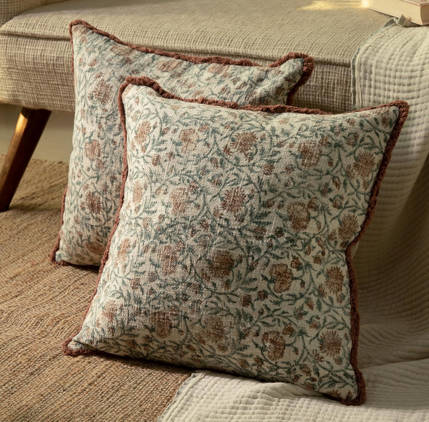 Handblock Printed Vintage Indian Cotton Decorative Throw Pillow Covers, Set of 2, Cushion Cover, Pillow Case for Sofa Couch Bed Chair 18" x 18" (Pack of 2) White Mahogany 18" x 18" (Pack of 2)