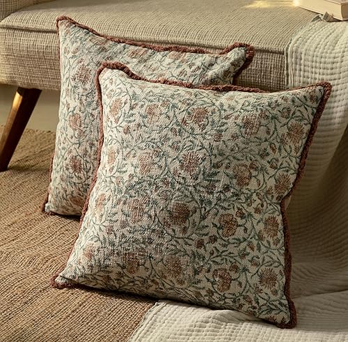 Juego de 2 fundas de cojín decorativas de algodón indio vintage con estampado a mano, fundas de cojín para sofá, cama, silla, 18 x 18 pulgadas