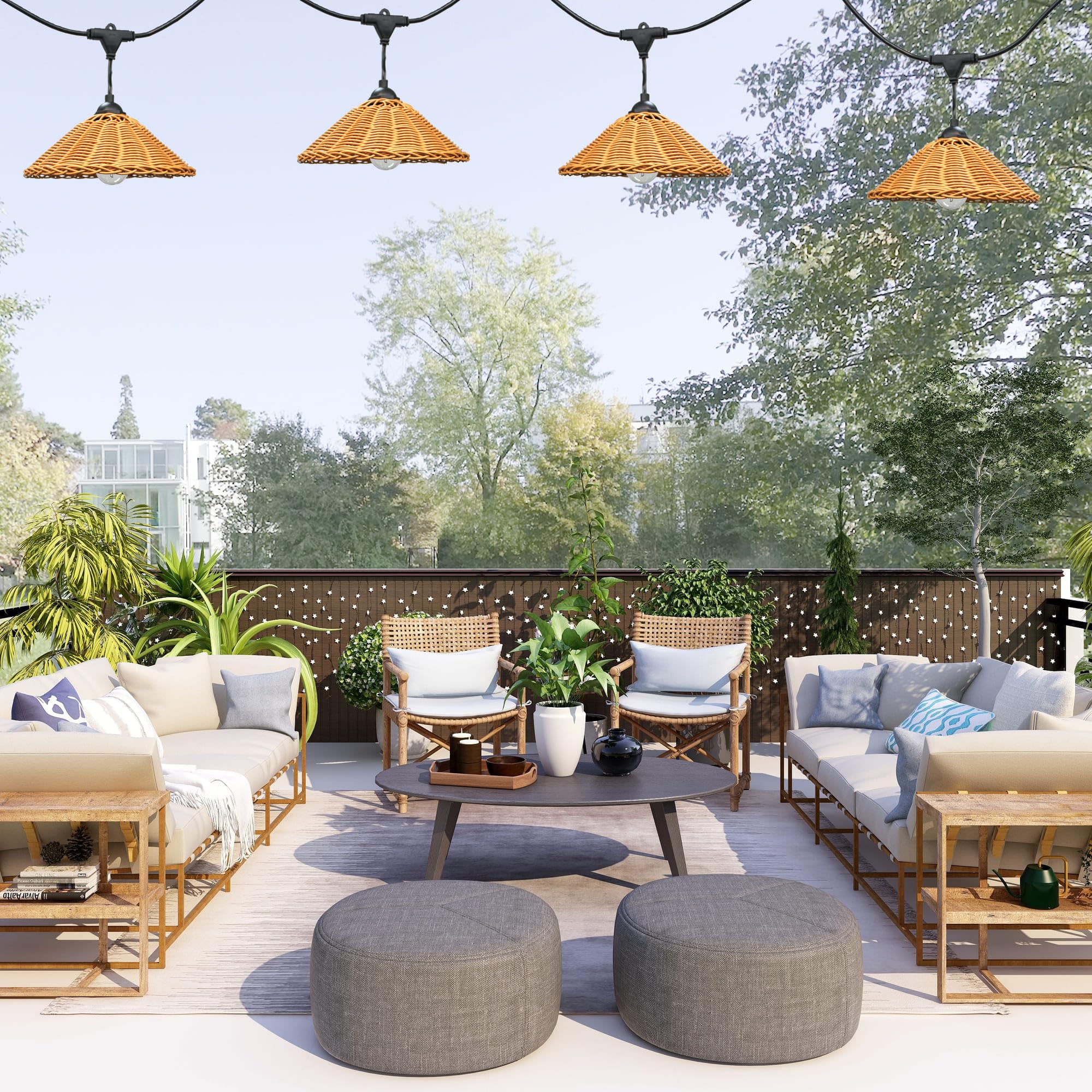 wonderlamp - Ghirlanda di 10 luci solari da esterno LED Purna 8 W con schermo in rattan e telecomando, E27
