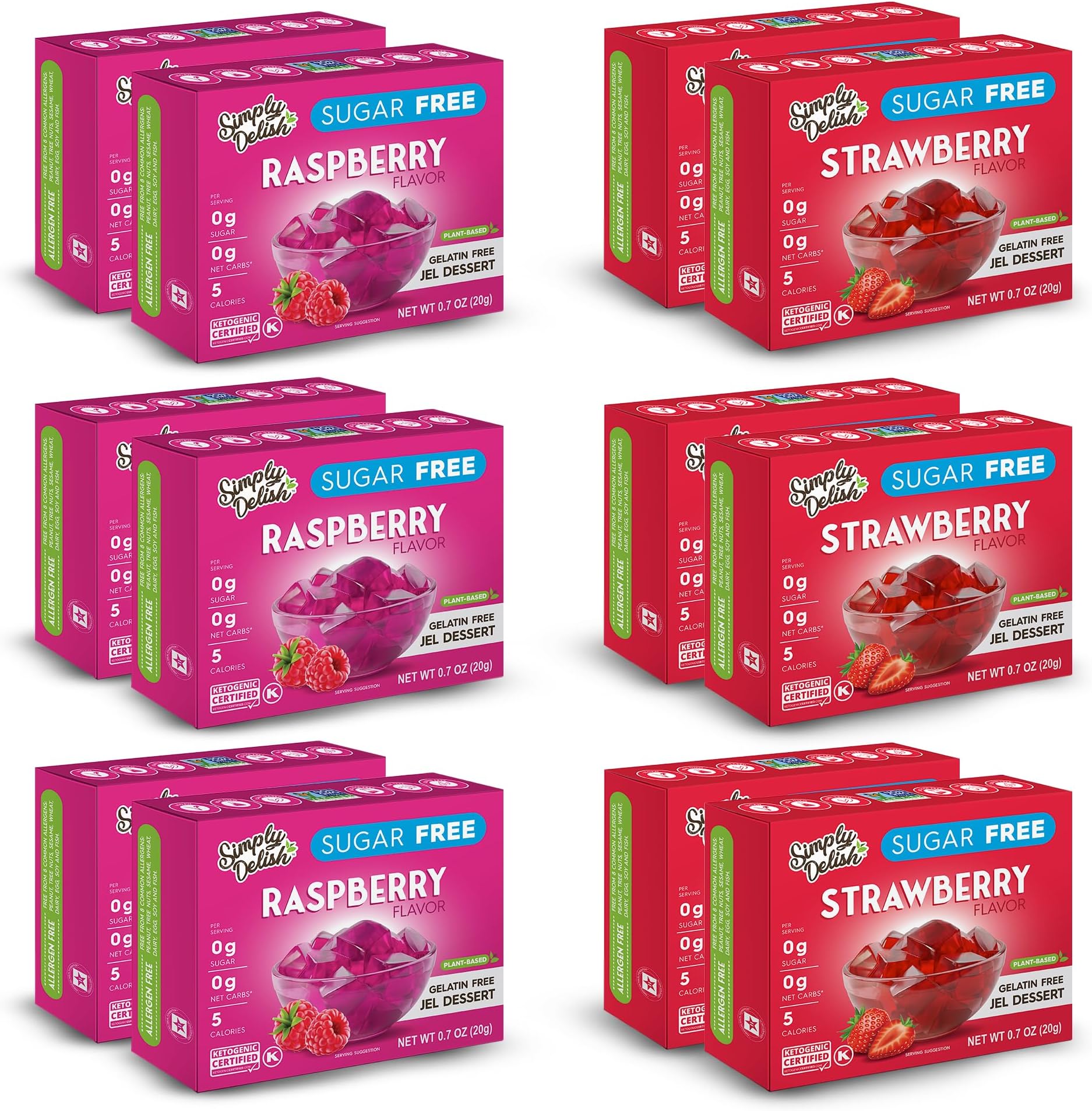 Simply Delish Plant-Based, Sugar-Free, and Keto-Friendly Jel Dessert Bundle - 6 Raspberry & 6 Strawberry Jel Dessert Packs (12 total)