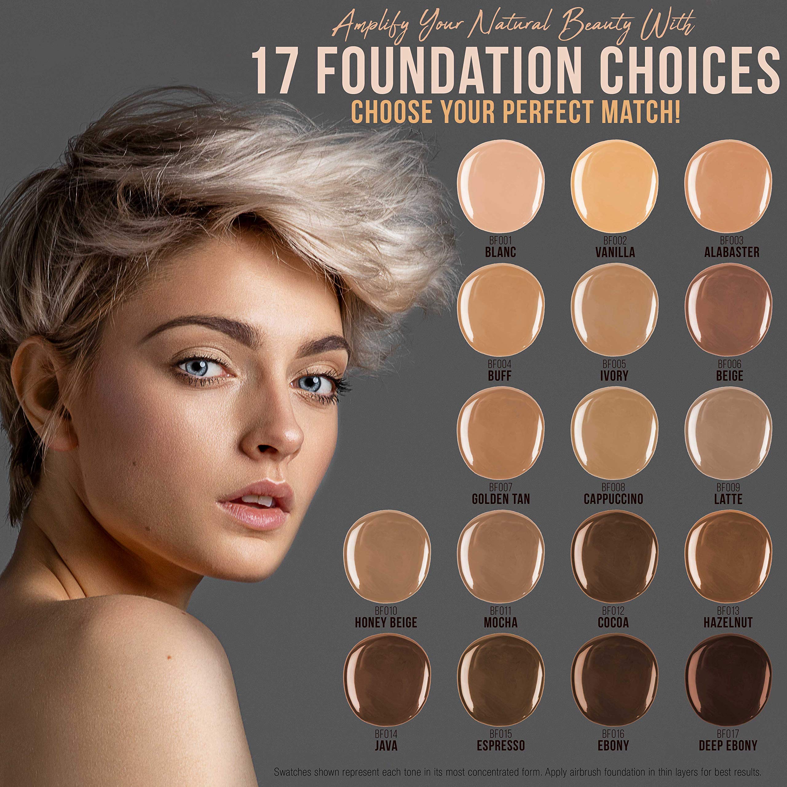 Belloccio Master Set Of All 17 Foundation Shades of Belloccio's Professional Cosmetic Airbrush Makeup, 1/2 oz Botellas + 2 oz Imprimación hidratante