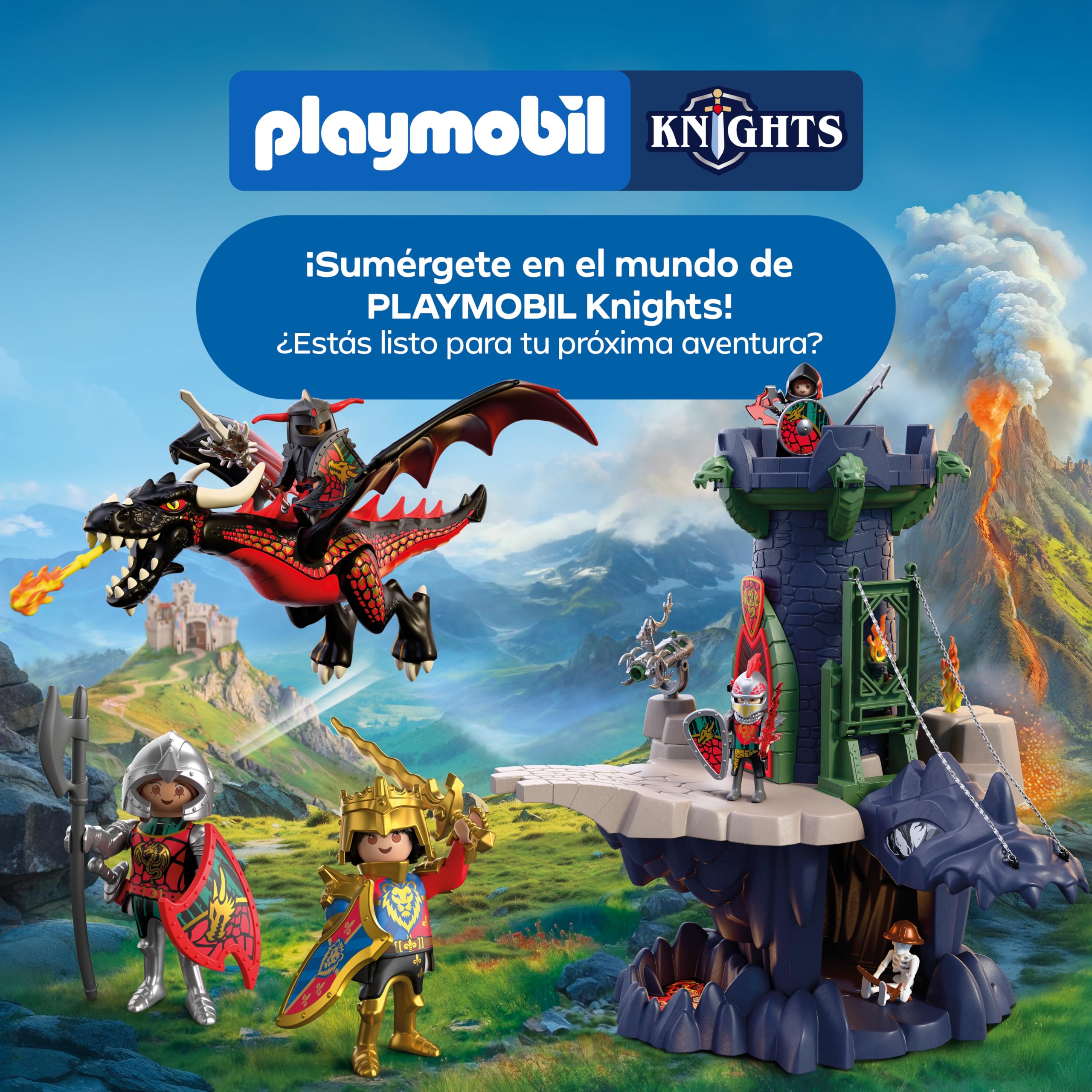 PLAYMOBIL | Knights | Torre de Asalto de los Caballeros del Dragón | Torre de asedio con ariete, balista, Jaula y 4 Caballeros | para niños a Partir de 4 años | 72210