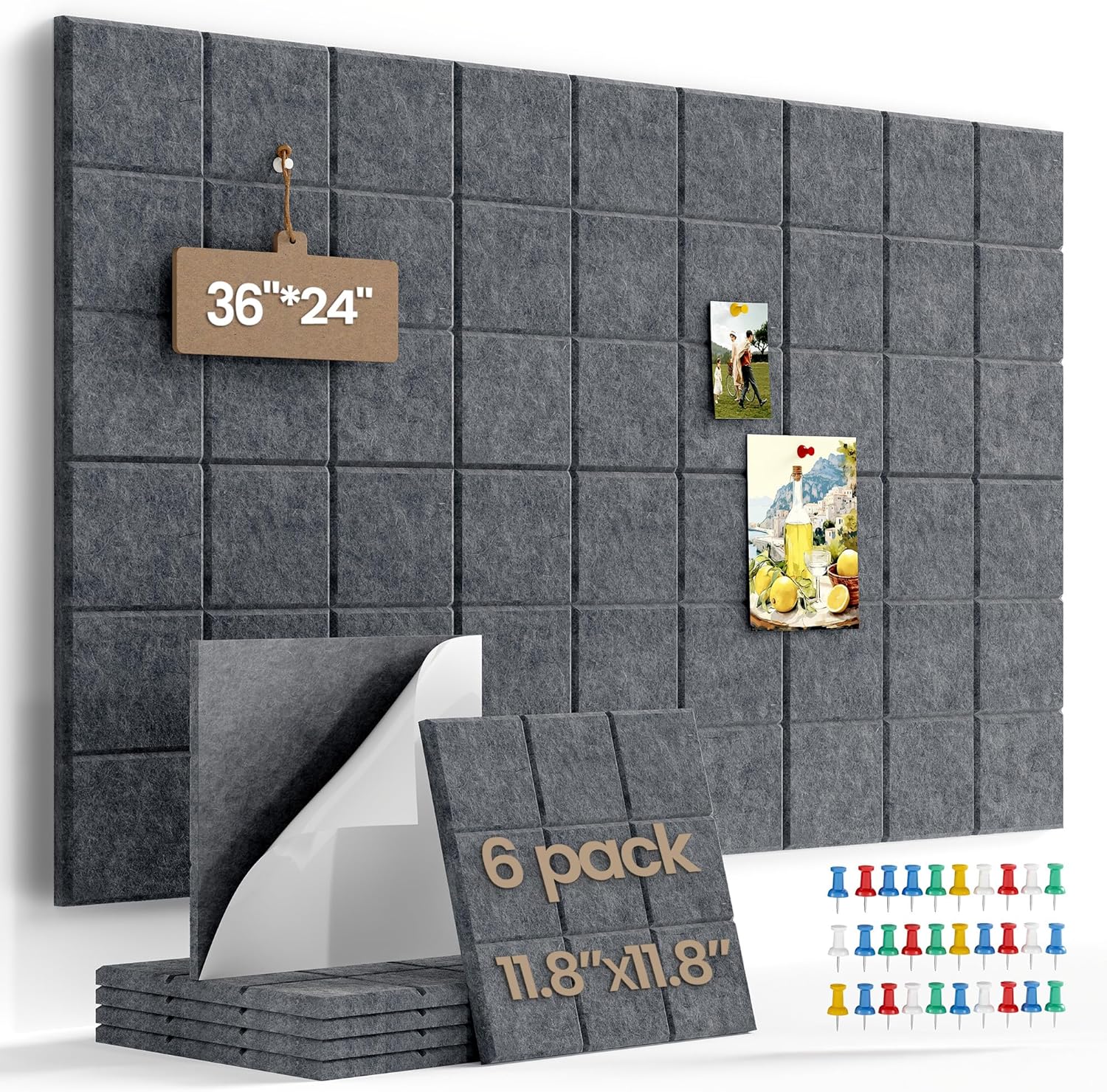 Uoisaiko Large Felt Cork Board Tiles 11.8x11.8" Pack of 6 with 30 Push Pins - Self-Adhesive Wall Bulletin Board for Photos Memos Home Office