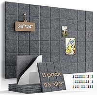 Uoisaiko Large Felt Cork Board Tiles 11.8x11.8" Pack of 6 with 30 Push Pins - Self-Adhesive Wall Bulletin Board for Photos Memos Home Office