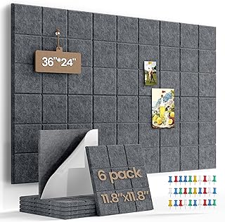 Large Cork Board Felt Board Tiles for Walls with 30 Push Pins, 11.8"x11.8" Pack of 6 Pin Board Notice Boards for Home Office Kitchen, Bulletin Board Wall Tiles for Photos Memos