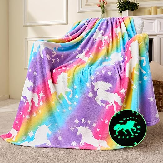 Joiedomi Glow in The Dark Blanket - Pink Unicorn Gifts for Girls Age 2 3 4 5 6 7 8 9 10 11 12 Year Old - Soft Cozy Flannel Kids Throw Blanket, Birthday Bedroom Decor 50"×60"