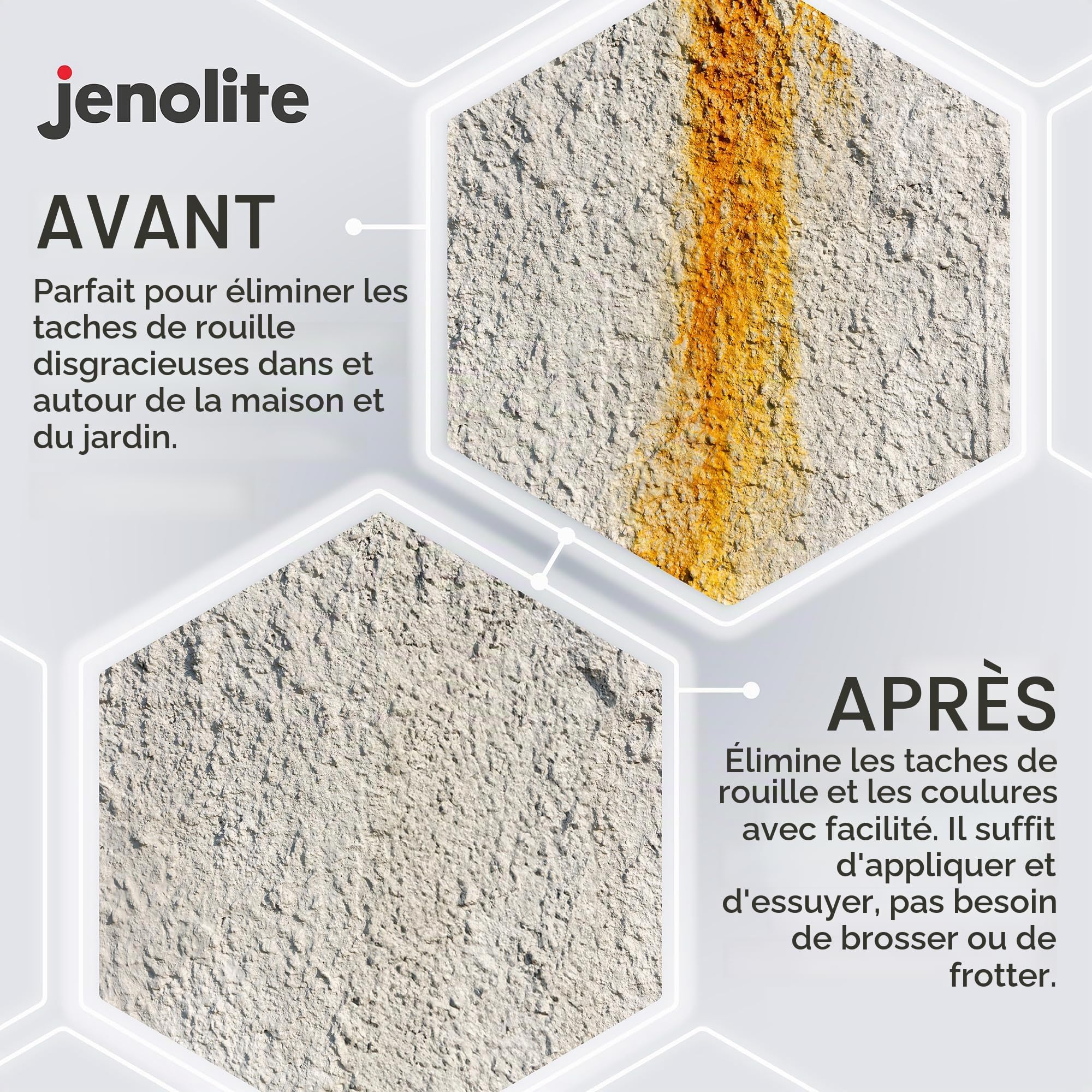 JENOLITE Détachant Rouille | 500ml | Solution Anti Rouille Élimine Taches de Rouille sur Terrasse et Carrelage, Détachant de Rouille pour Salle de Bain, Stop Rouille | Teinture Antirouille
