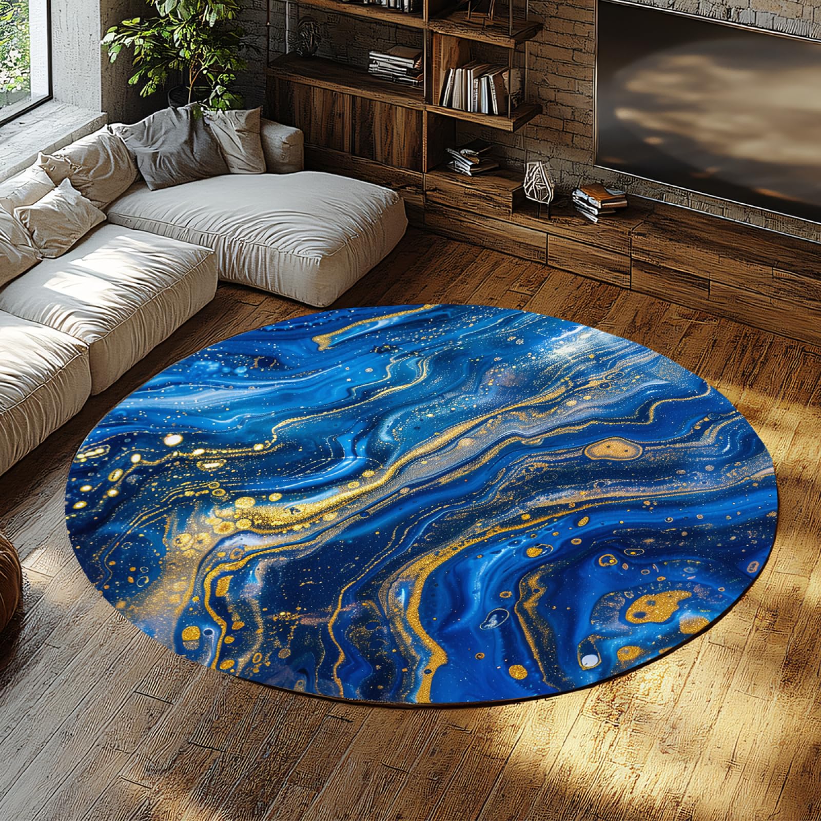 Tapis de luxe abstrait bleu et or lavable aux finitions douces haut de gamme