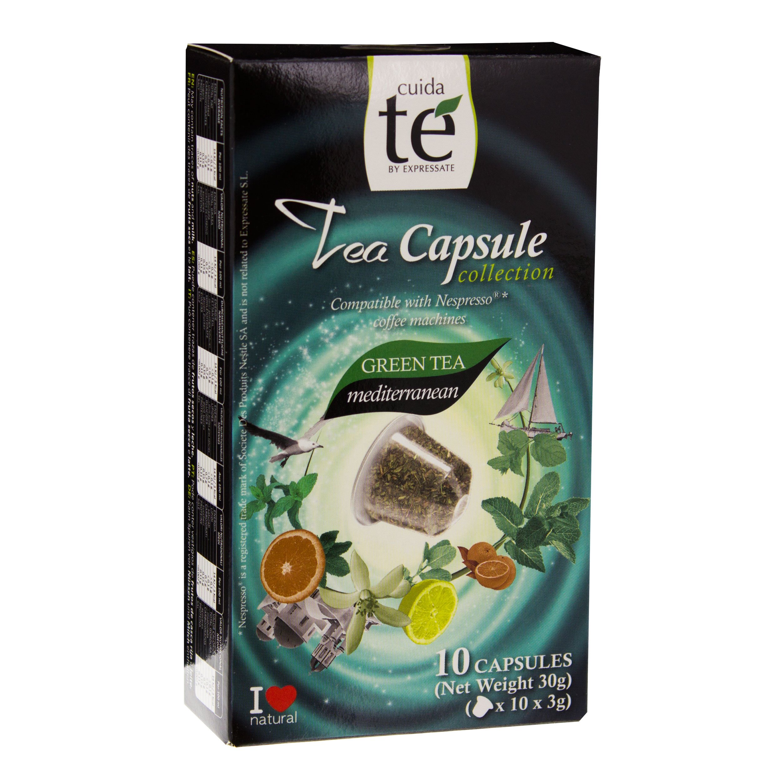 Cuida Te Mediterranean Green Tea, Green Tea with orange and Tangerine 10 Capsules, Nespresso compatible