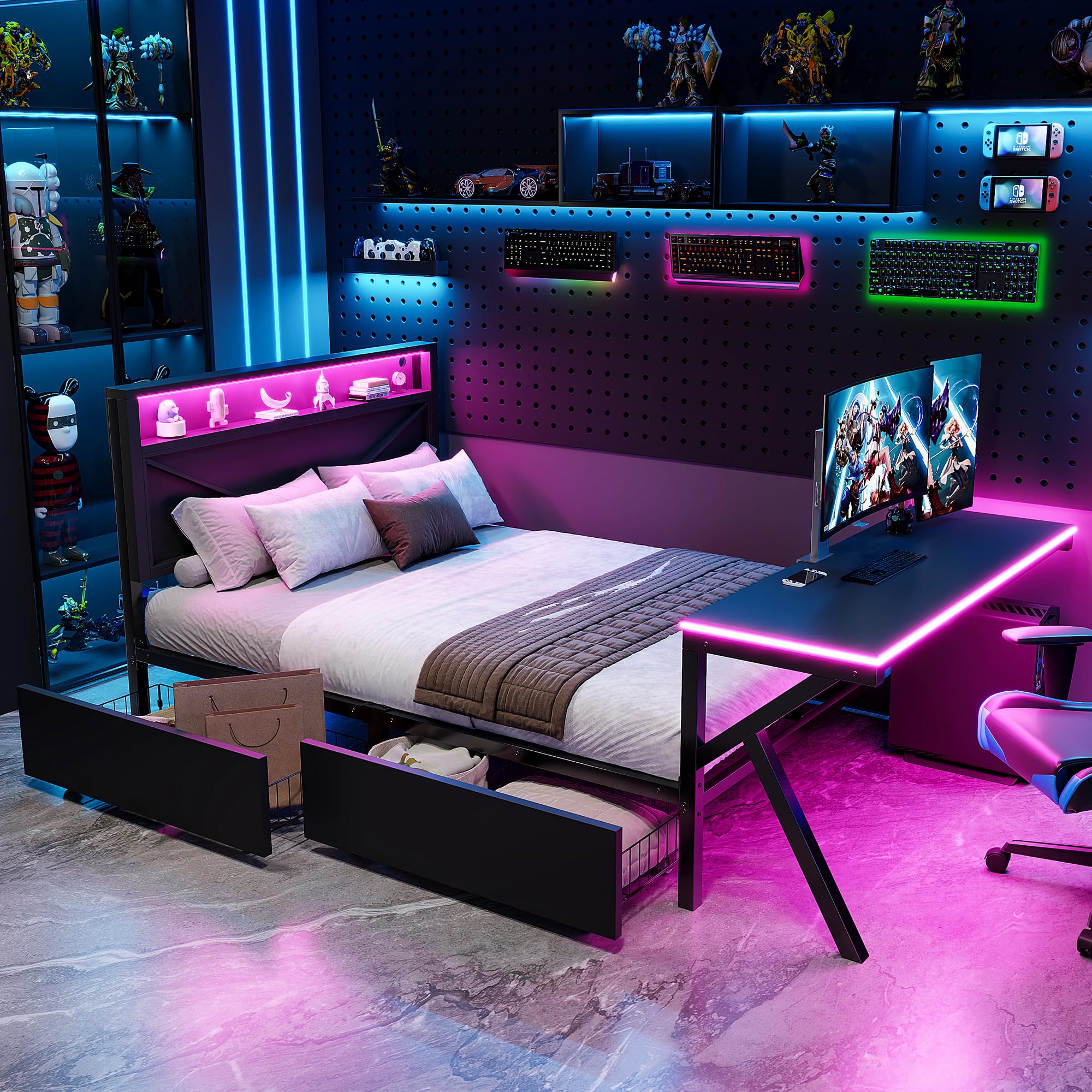 Plattformbett 140x200cm, Metallbett mit LED-Kopfteil&LED-Schreibtisch