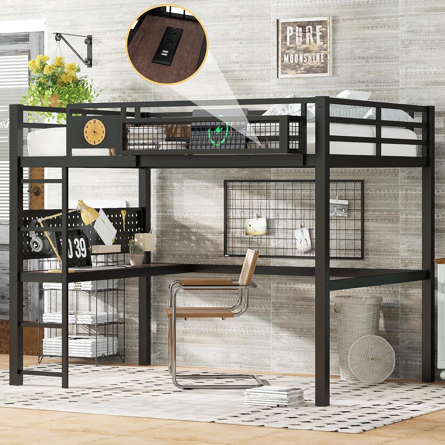 Bellemave Metal Loft Bed Studio Loft Bunk Bed Over Desk with Storage Basket, Charging Port and Clock, Queen Loft Bed for Dorm, Boys & Girls Teens, Black