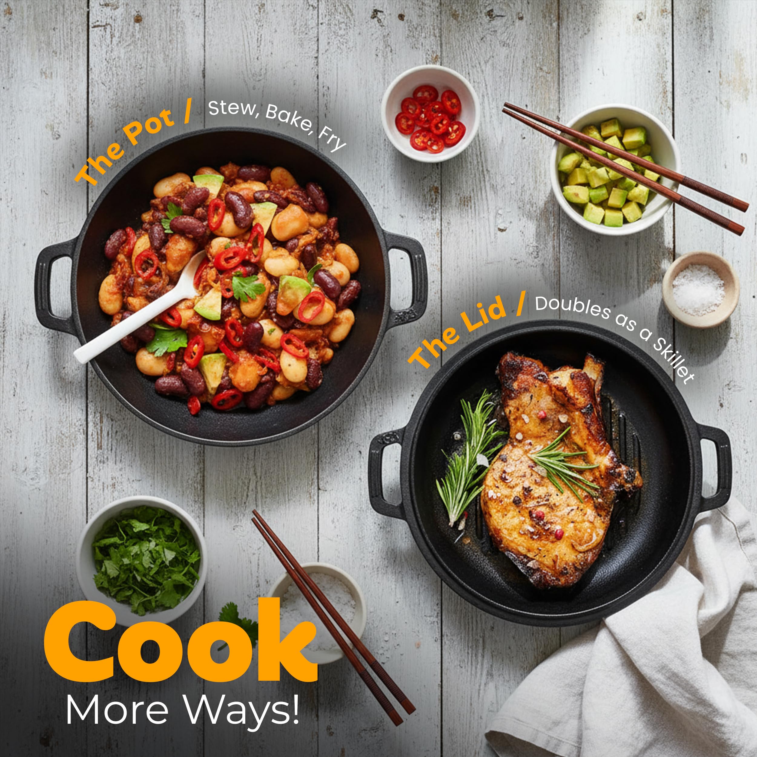 KICHLY 2 in 1 Gusseisen Topf Mit Doppelter Zweck Grillpfannendeckel - Vorgewürzter Gusseiserner Dutch Oven – Brot Backen, Kochen, Braten, Schmoren & Grillen – Im Innen- Und Außenbereich