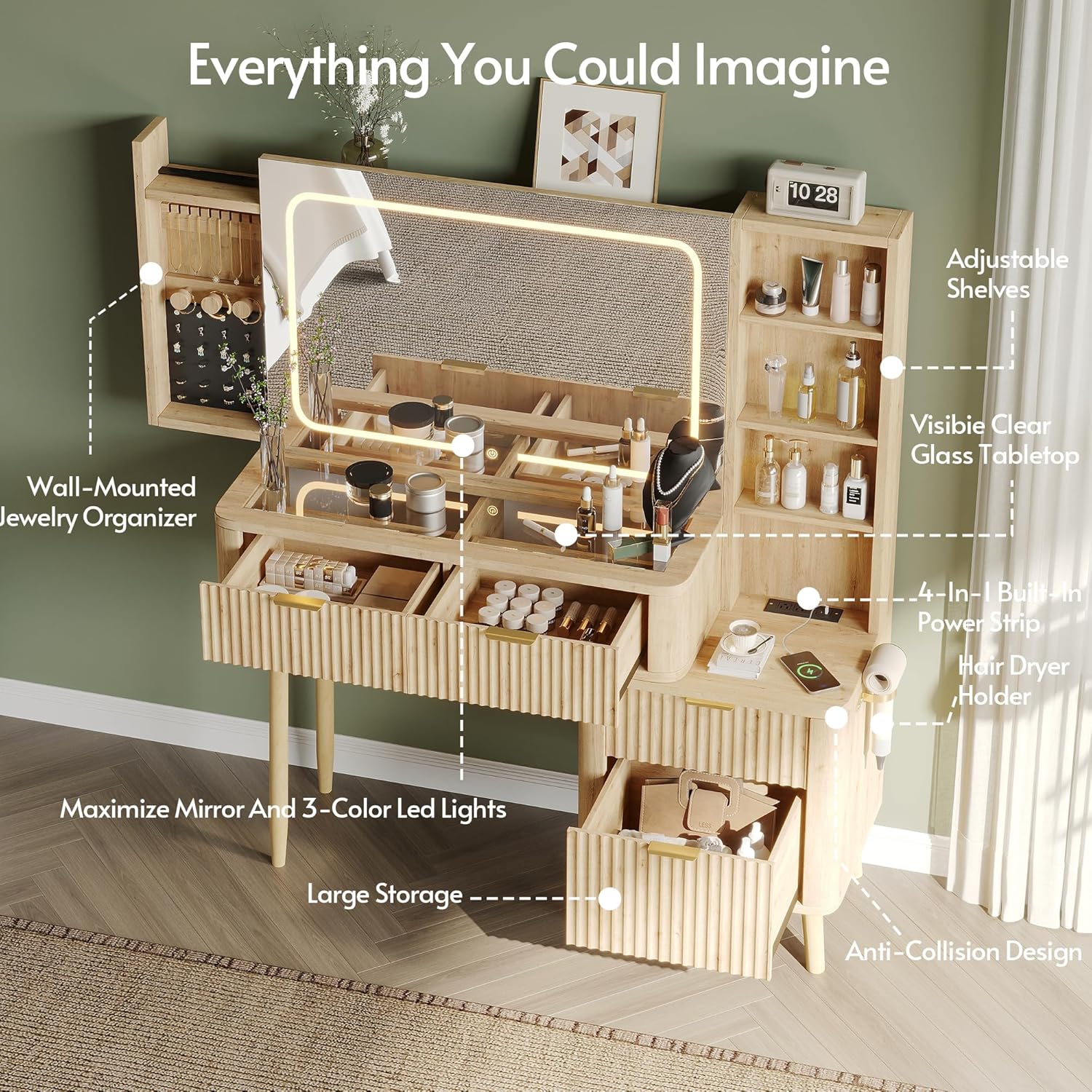 ENSTVER Wood Vanity with Clear Glass Top, 48" Makeup Vanity Desk with Large Mirror and Lights, Fluted Wooden Vanity Wall-Mounted Jewelry Storage for Bedroom,Natural Wood