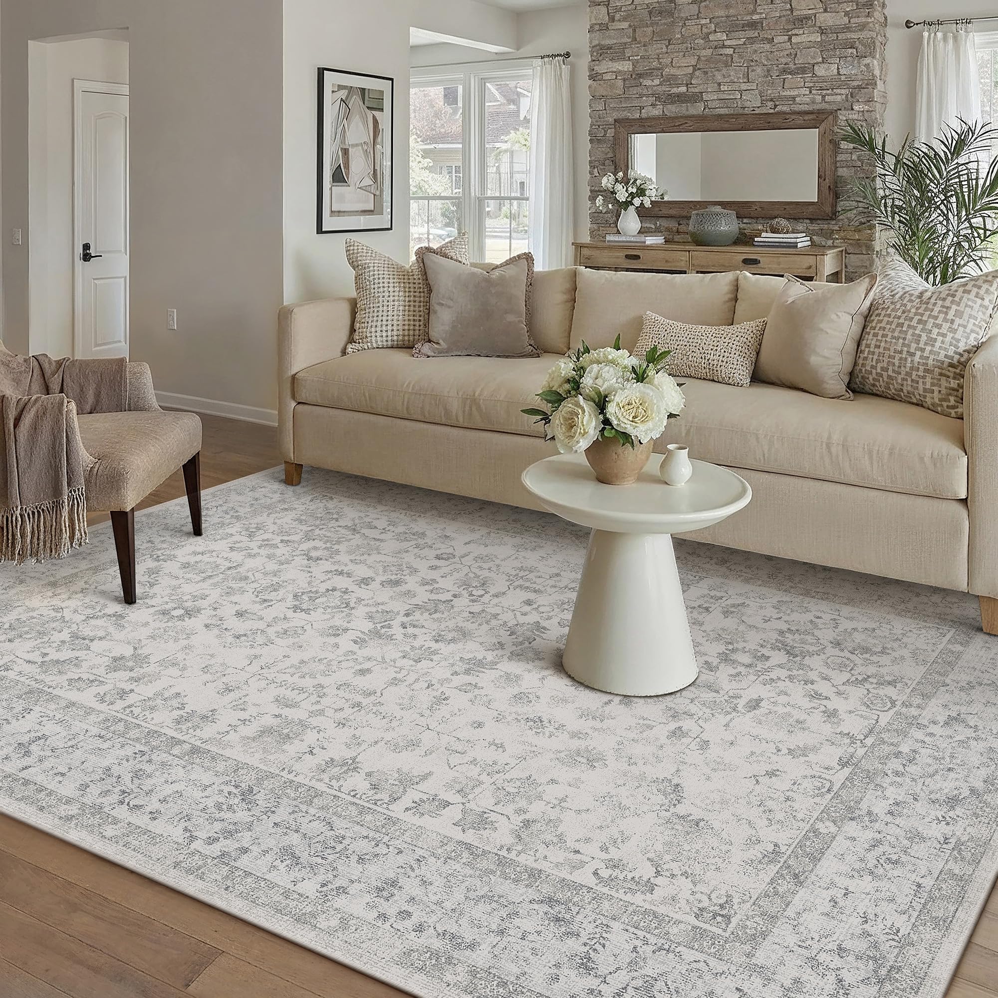 PureCozy 160x230 cm Washable Grey Rugs Living Room Vintage Distressed Floral Area Rugs with Non-Slip Backing, Machine Washable, Lightweight Low Pile Carpet for Bedroom Office Dining Room Dorm — image 1