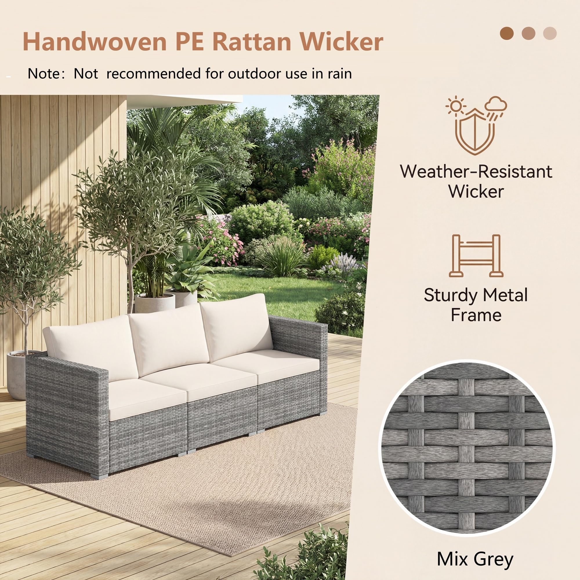 LIFEZEAL Canapé de Jardin 3 Places Rotin PE Charge 540 KG Modulable Beige