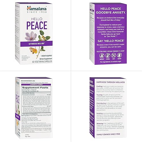Miniatura 8 de Himalaya Hello Peace - Suplemento herbario para aliviar el estrés con Ashwagandha y cúrcuma para cortisol normal y apoyo suprarrenal, vegano, sin