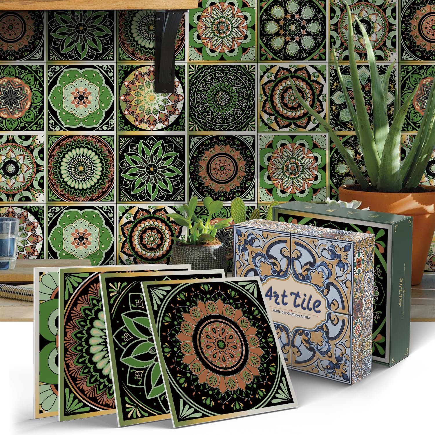 Alwayspon 12 Sheet 15x15cm Thicken Vinyl Wall Tile Sticker Transfers, Peel and Stick Self-Adhesive Waterproof Splashback Stick on Tile Decals for Kitchen Bathroom Wall, Green Moroccan