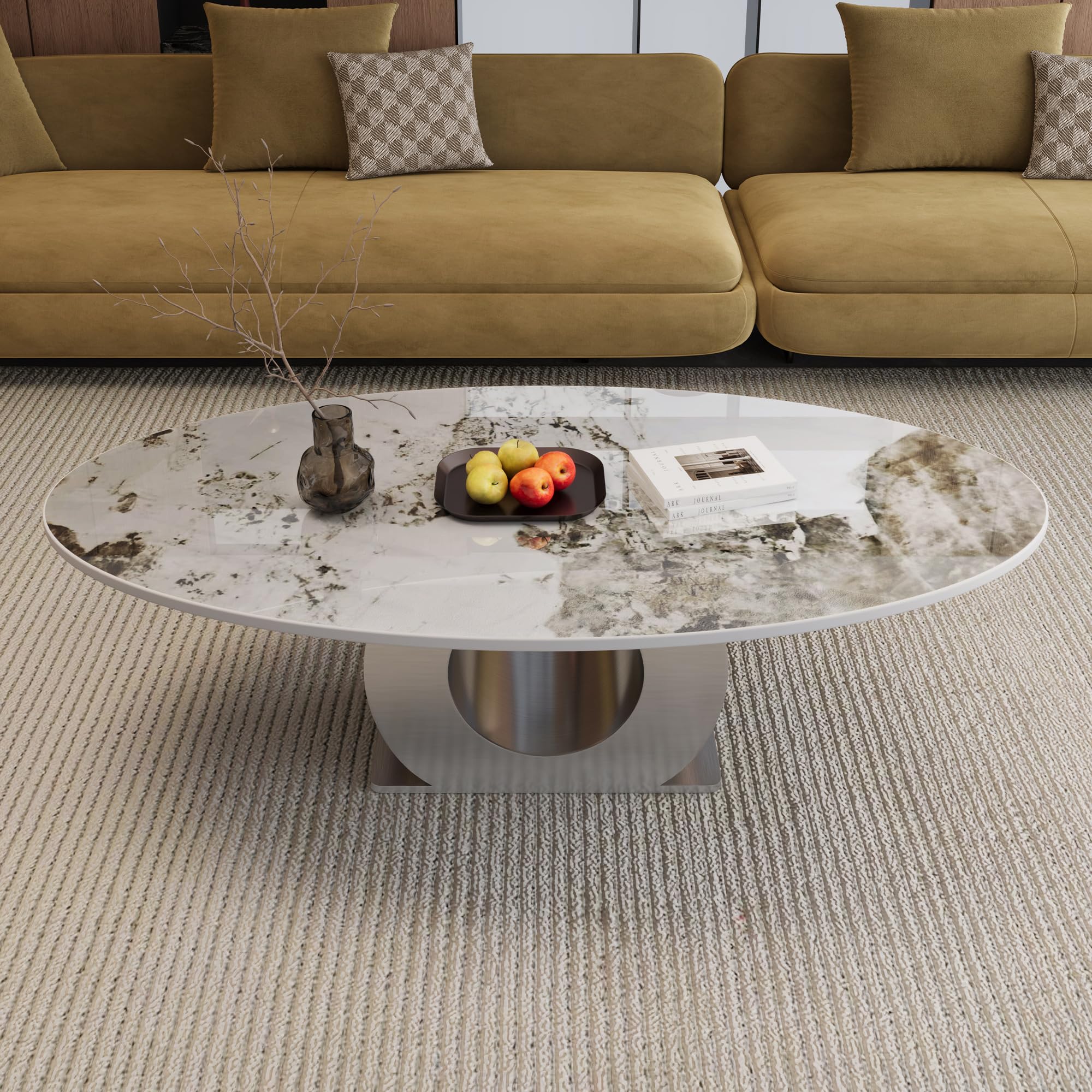 Modern Coffee Table with Gold Stainless Steel Pedestal,Oval