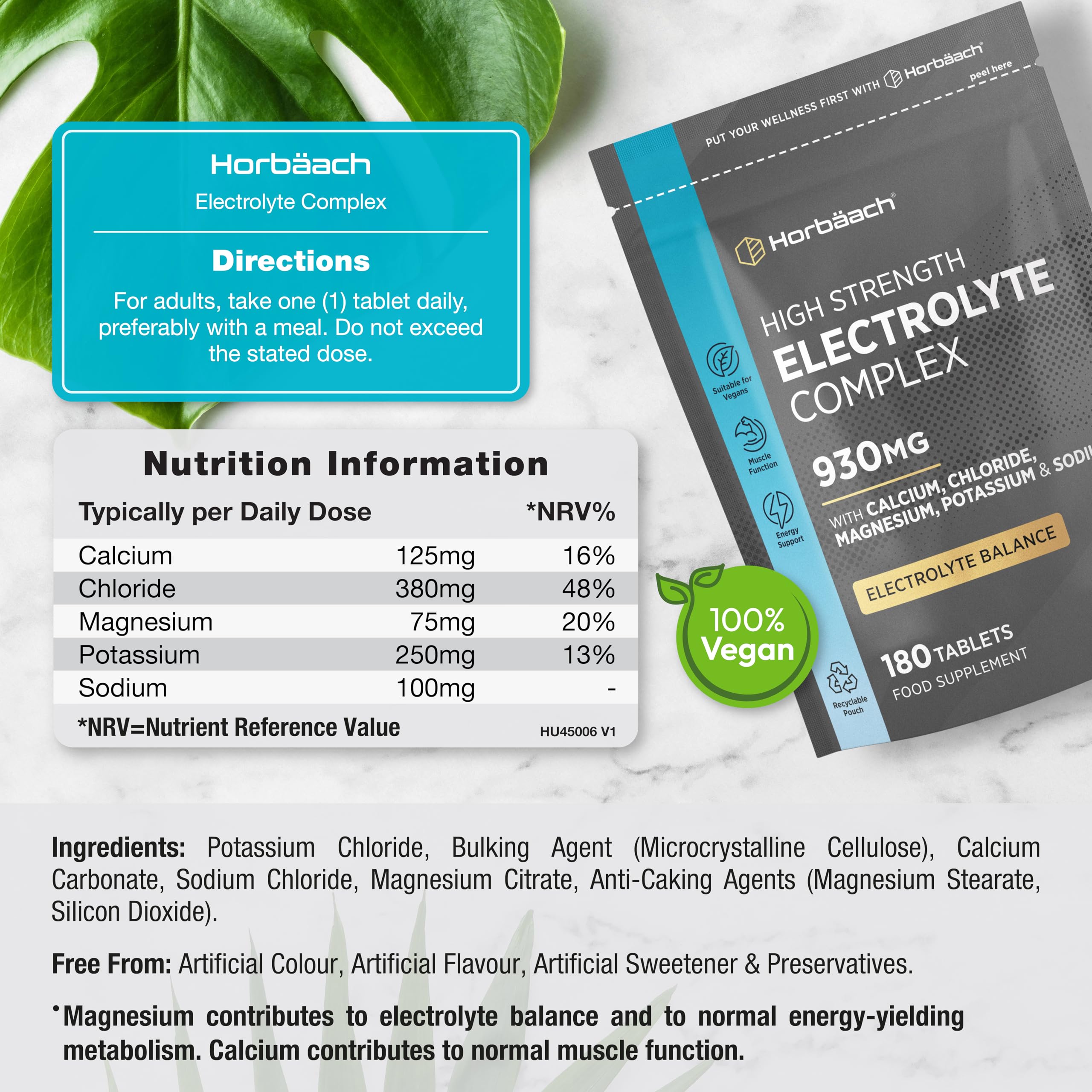 Tabletki elektrolitowe 1575 mg | 240 wegańskich tabletek z potasem, chlorkiem, wapniem, magnezem i sodem | Keto Electrolyte Powder Alternative | by Horbaach
