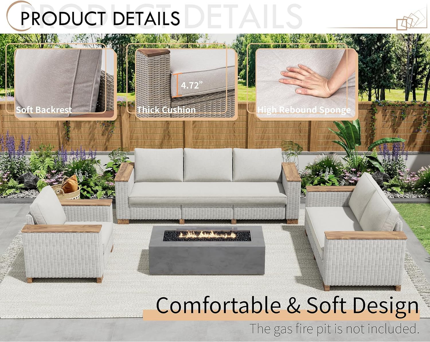 PaPaJet 6-Piece Wicker Patio Furniture Set with Solid Wood Armrest, Outdoor Patio Set with Thick Legs, UV-Resistant Modular Outdoor Sectional Sofa for Backyard, Porch, Garden