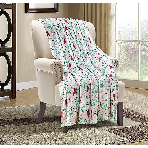 Elegant Comfort Luxury Velvet Super Soft Christmas Prints Fleece Blanket-Holiday Theme Home Décor Fuzzy Warm and Cozy Throws for Winter Bedding, Couch and Gift, 50 x 60 inch, Cardinal