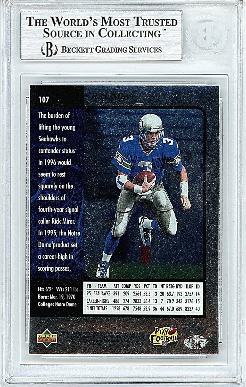 Rick Mirer Autographed 1996 Upper Deck SP #107 Football Trading Card Slab Beckett BAS Authentic Slabbed COA Played For Seattle Seahawks NFL