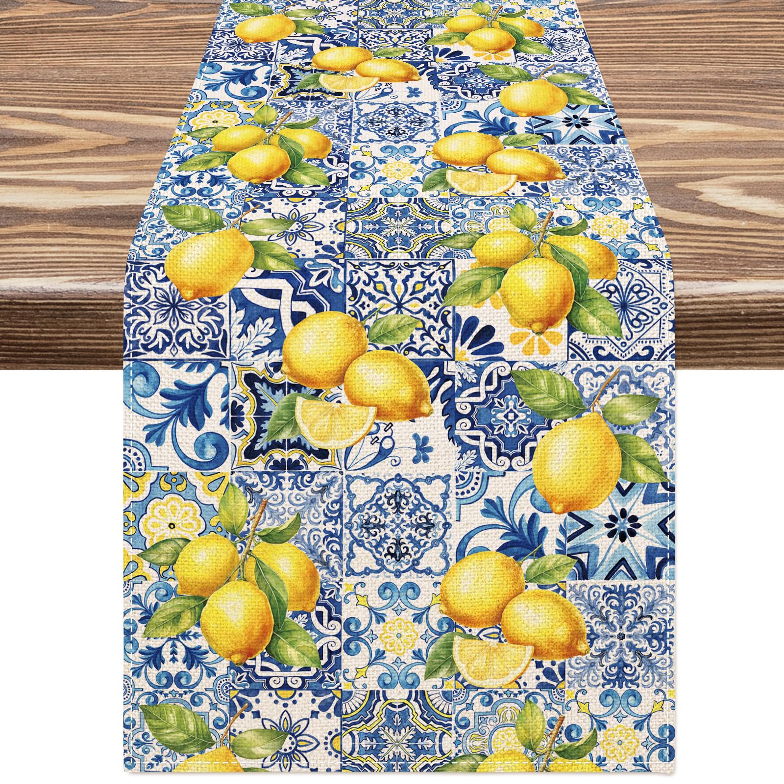 JarThenaAMCS Lemon Tiles Table Runner Blue Yellow Kitchen Dining Table Decoration Summer Table Cover for Home Kitchen Indoor Outdoor Patio Party