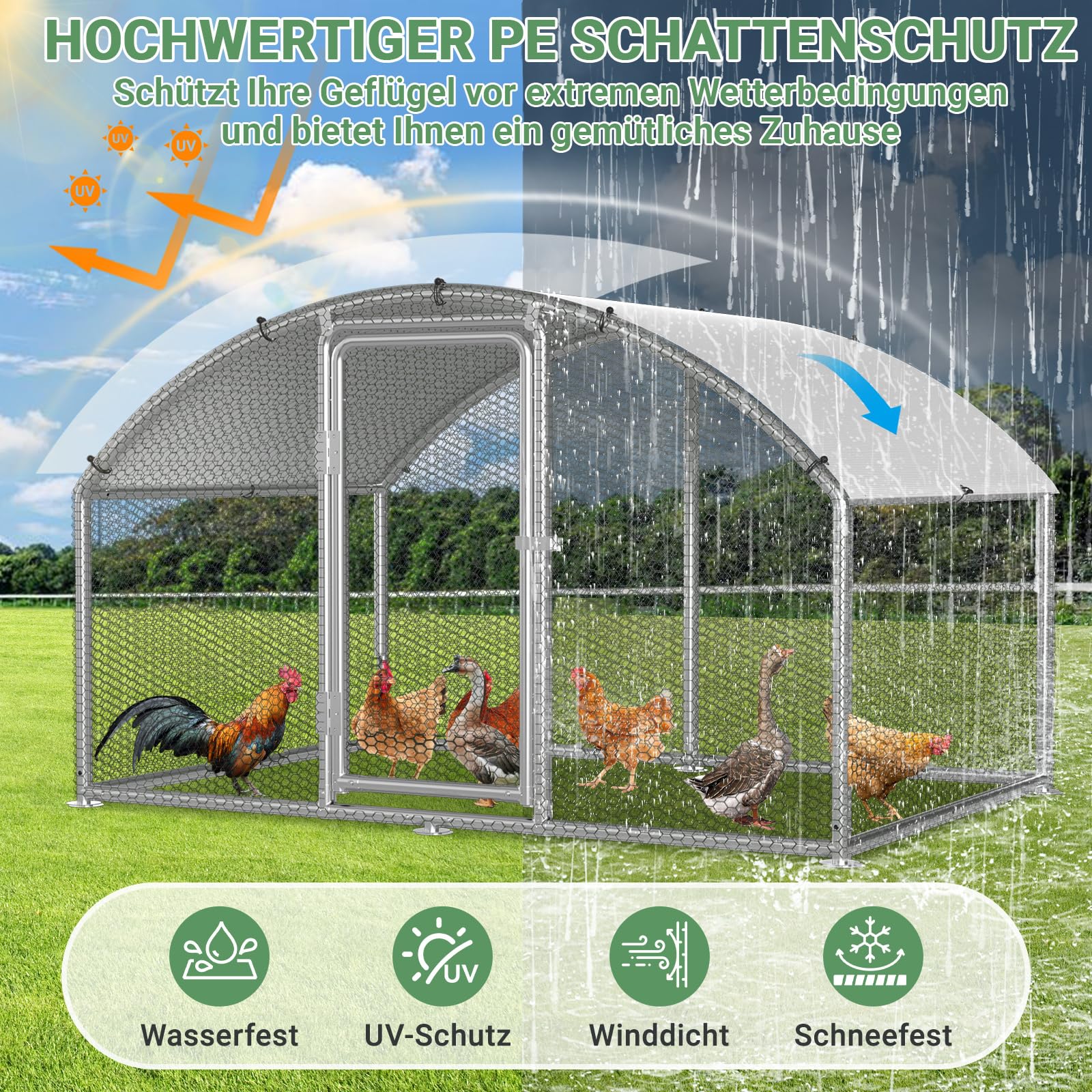 Hühnerstall Freilaufgehege,Freilaufgehege Kaninchen Verzinktem Stahl,Outdoor Hühnerhaus Dome Roof mit Schloss und Wasserdichtes PE Gewebe, für Hühner, Kleintiere & Pflanzen (3x8x2m)