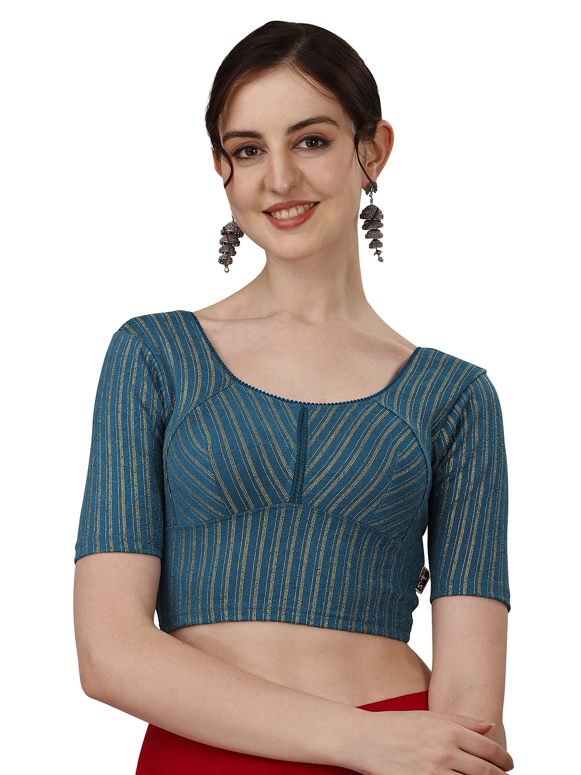 SFTWomen's Coton Lycra Blend Readymade Saree Blouse with Round Neck Half Sleeves Regular Fit Knit Weave Striped Pattern and Short Length